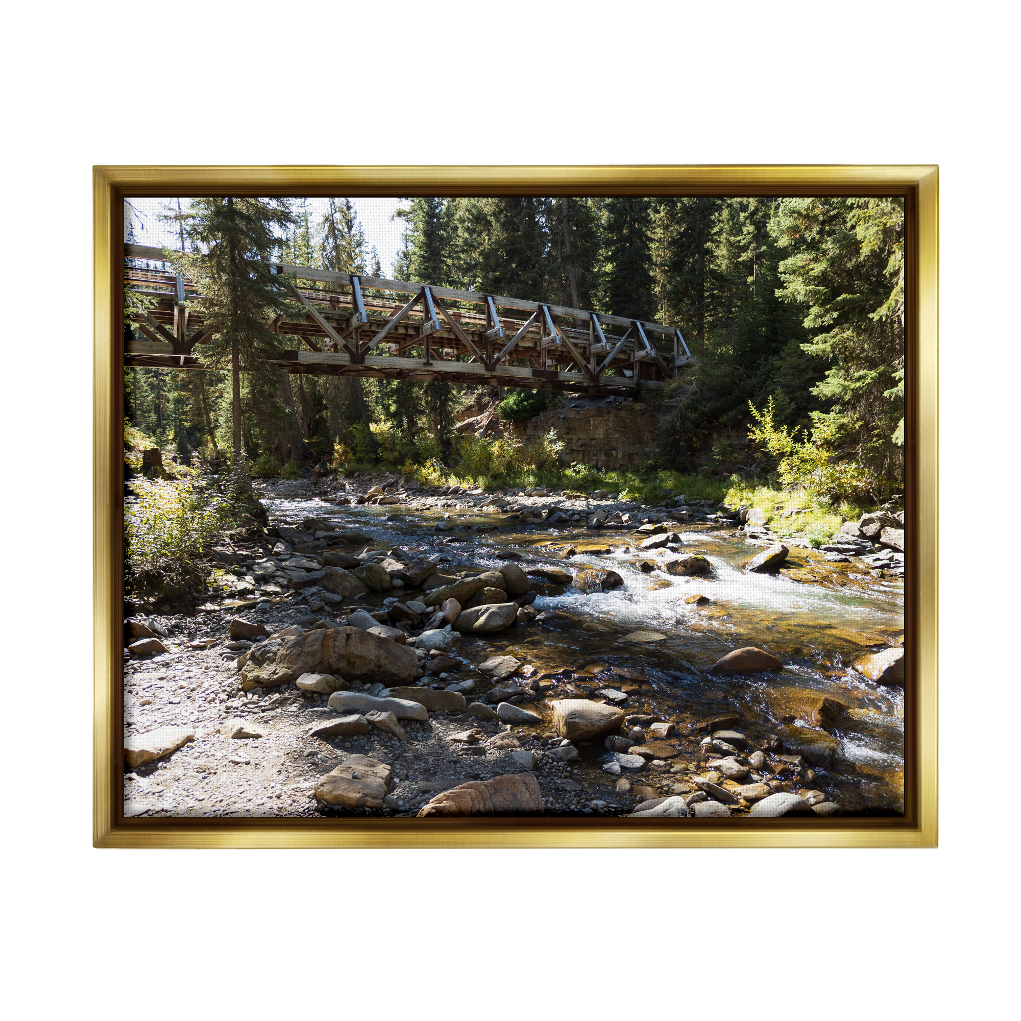 Stupell Bridge Over Babbling Brook Landscape Photography Gold Floater Framed Art Print Wall Art