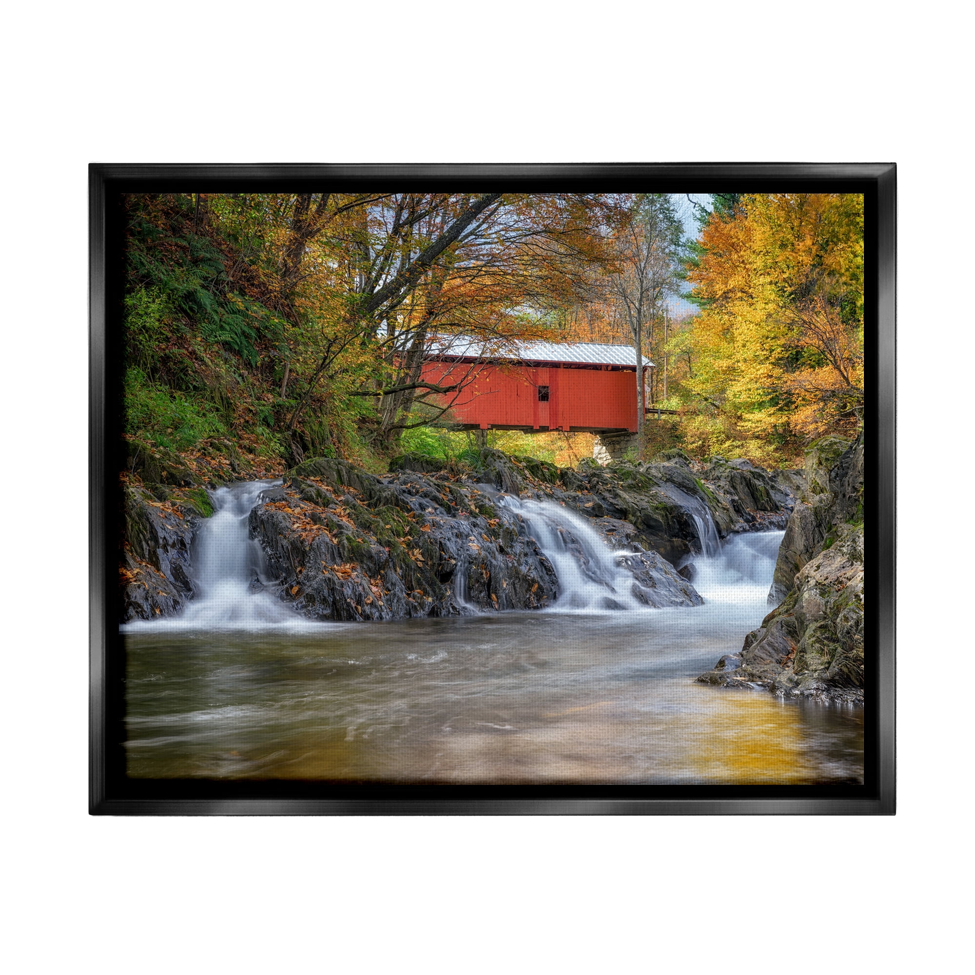 Stupell Bridge Waterfalls Flowing River Foliage Landscape Photography Black Floater Framed Art Print Wall Art