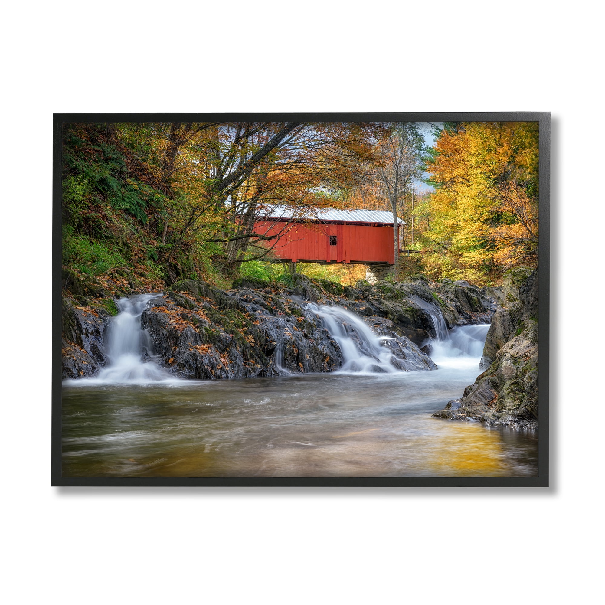 Black Framed Landscape Canvas Print with Waterfall and Bridge
