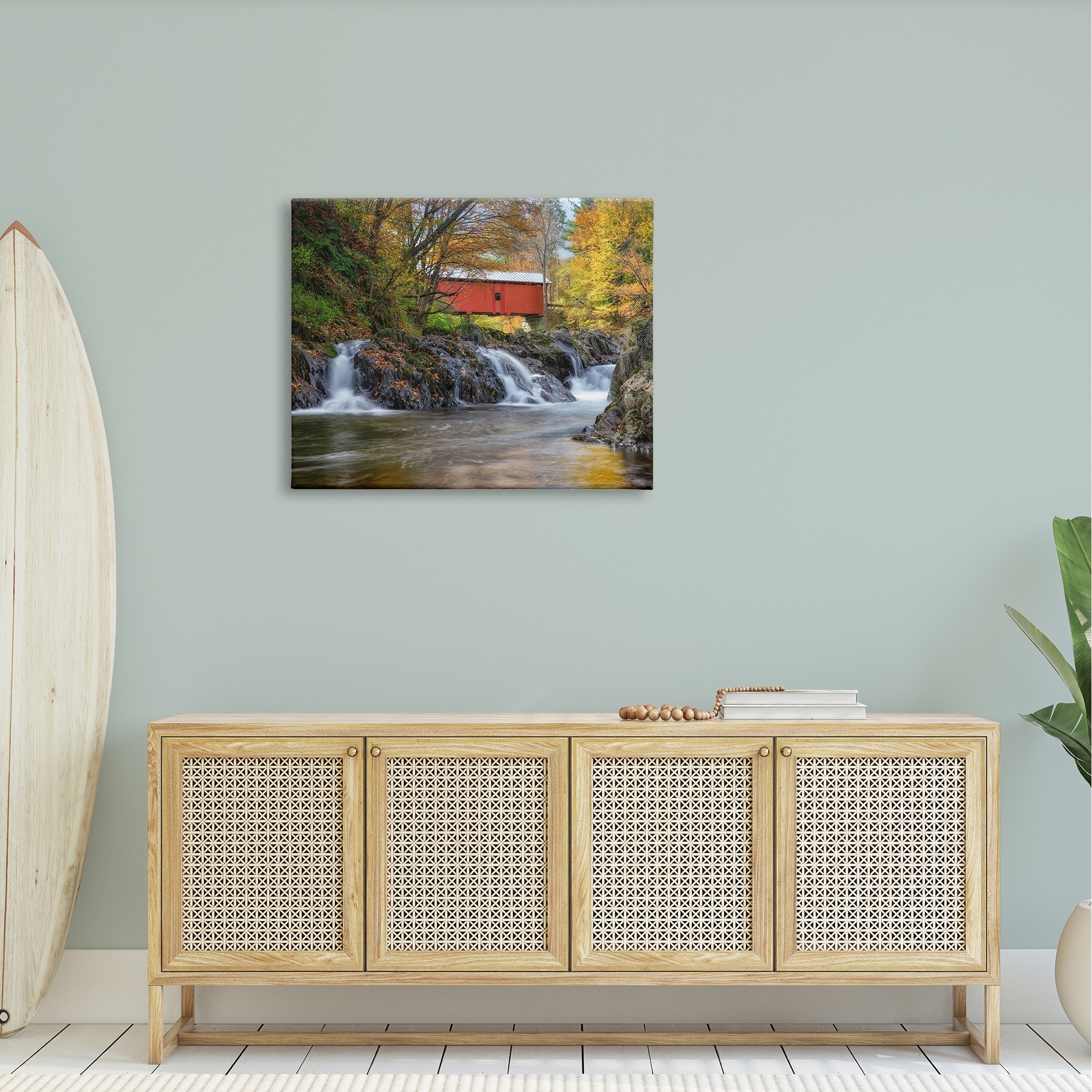 Stupell Bridge Waterfalls Flowing River Foliage Landscape Photography Gallery Wrapped Canvas Print Wall Art