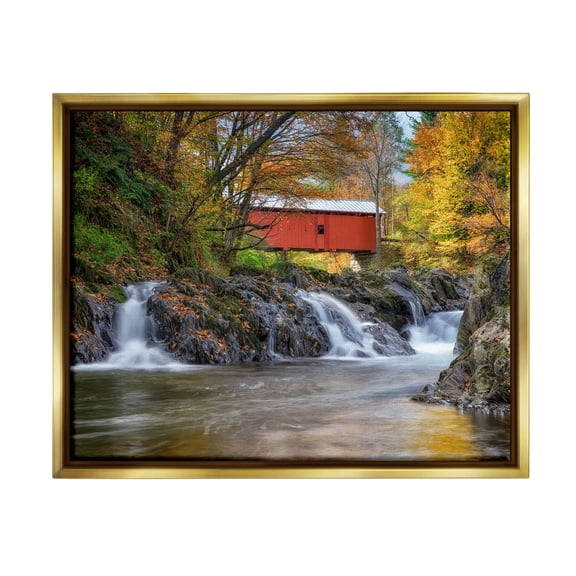 Stupell Bridge Waterfalls Flowing River Foliage Landscape Photography Gold Floater Framed Art Print Wall Art
