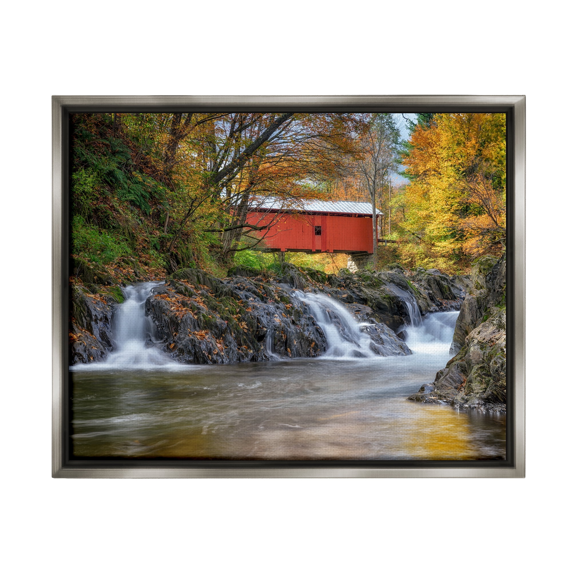 Stupell Bridge Waterfalls Flowing River Foliage Landscape Photography Gray Floater Framed Art Print Wall Art