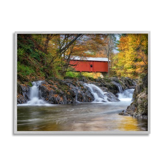Stupell Bridge Waterfalls Flowing River Foliage Landscape Photography Gray Framed Art Print Wall Art