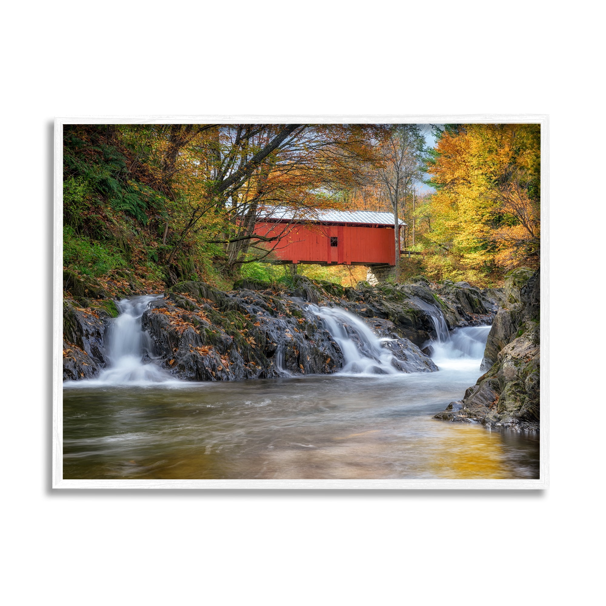 Stupell Bridge Waterfalls Flowing River Foliage Landscape Photography White Framed Art Print Wall Art