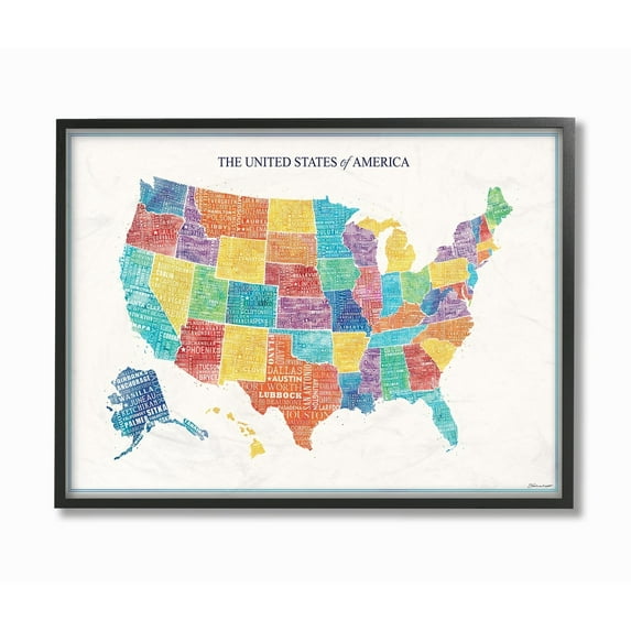 Stupell Bright Multicolored and Lettered US Map Framed Art, 11 x 14, Design By Artist Stephanie Workman Marrott - Multi-Color 16 x 20