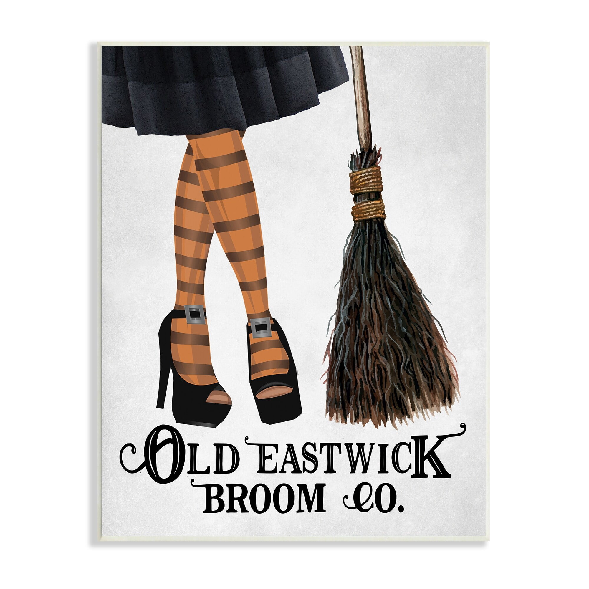 Stupell Broom Co. Halloween Sign Witch Striped Stockings Wood Wall Art - Orange 13 x 19