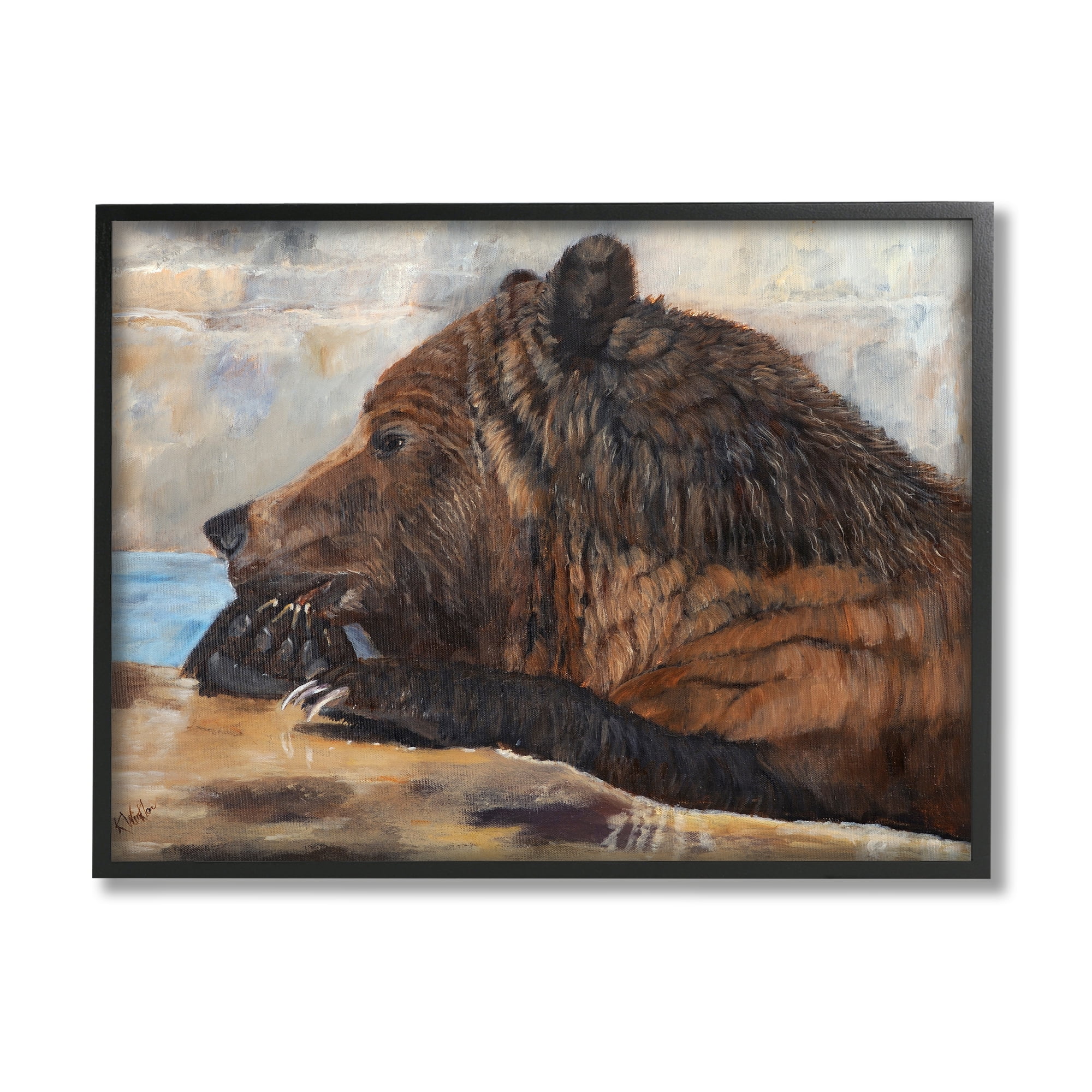 Stupell Brown Bear Wildlife Lake Animal Animals & Insects Painting Black Framed Art Print Wall Art