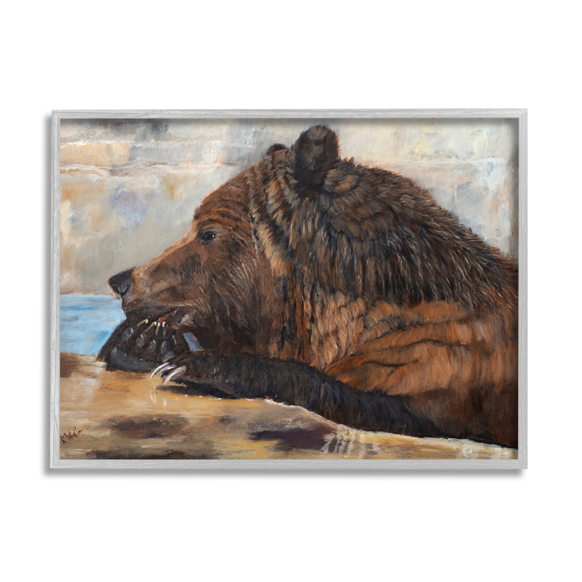 Stupell Brown Bear Wildlife Lake Animal Animals & Insects Painting Gray Framed Art Print Wall Art