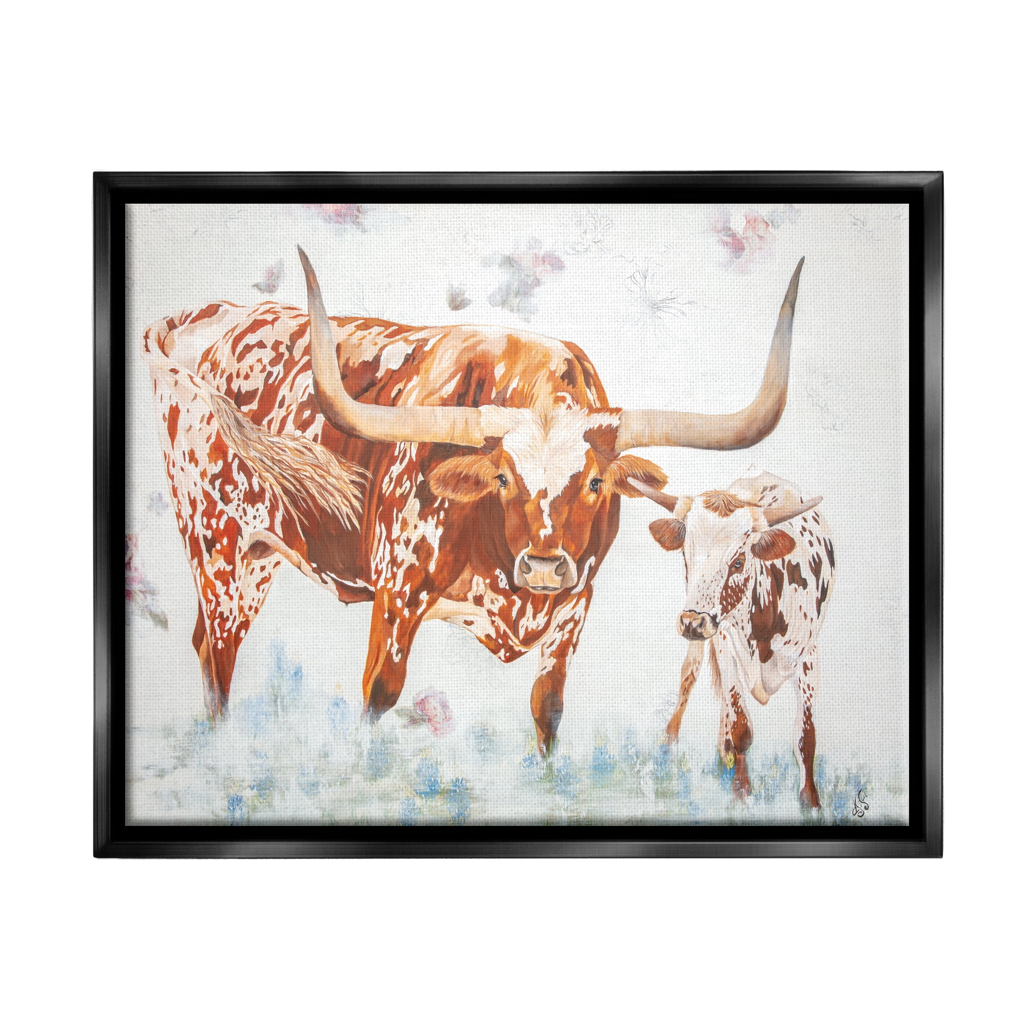 Stupell Brown Longhorn Cattle Family Farmhouse Animals & Insects Painting Black Floater Framed Art Print Wall Art