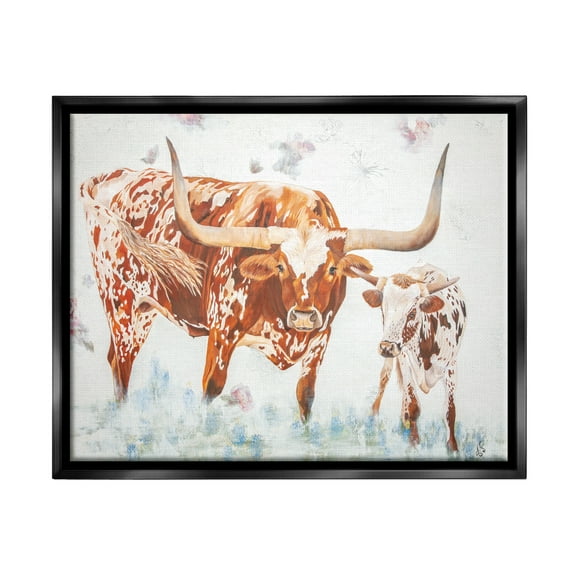 Stupell Brown Longhorn Cattle Family Farmhouse Animals & Insects Painting Black Floater Framed Art Print Wall Art