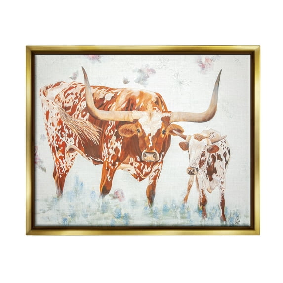 Stupell Brown Longhorn Cattle Family Farmhouse Animals & Insects Painting Gold Floater Framed Art Print Wall Art
