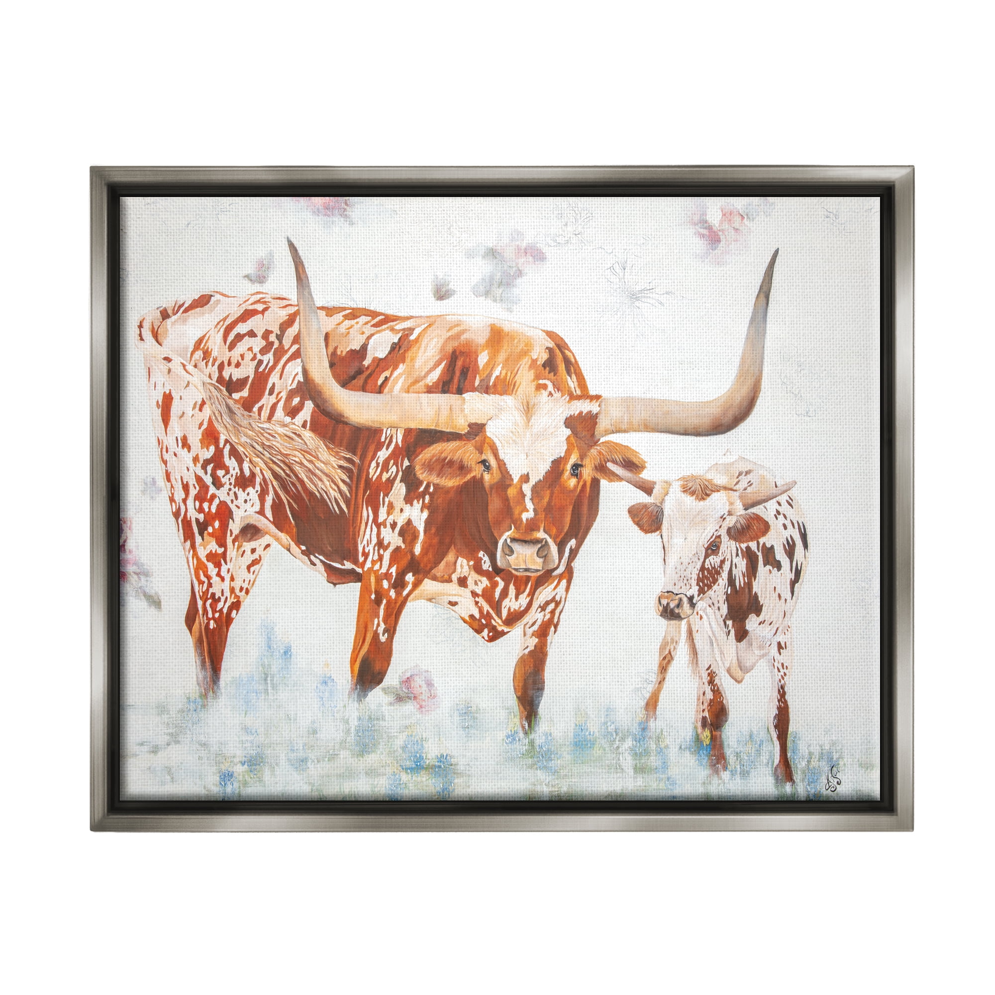 Stupell Brown Longhorn Cattle Family Farmhouse Animals & Insects Painting Gray Floater Framed Art Print Wall Art