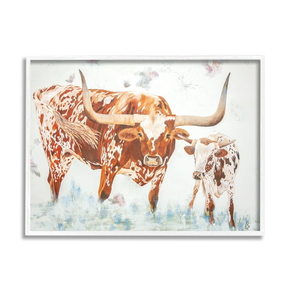 Stupell Brown Longhorn Cattle Family Farmhouse Animals & Insects Painting White Framed Art Print Wall Art
