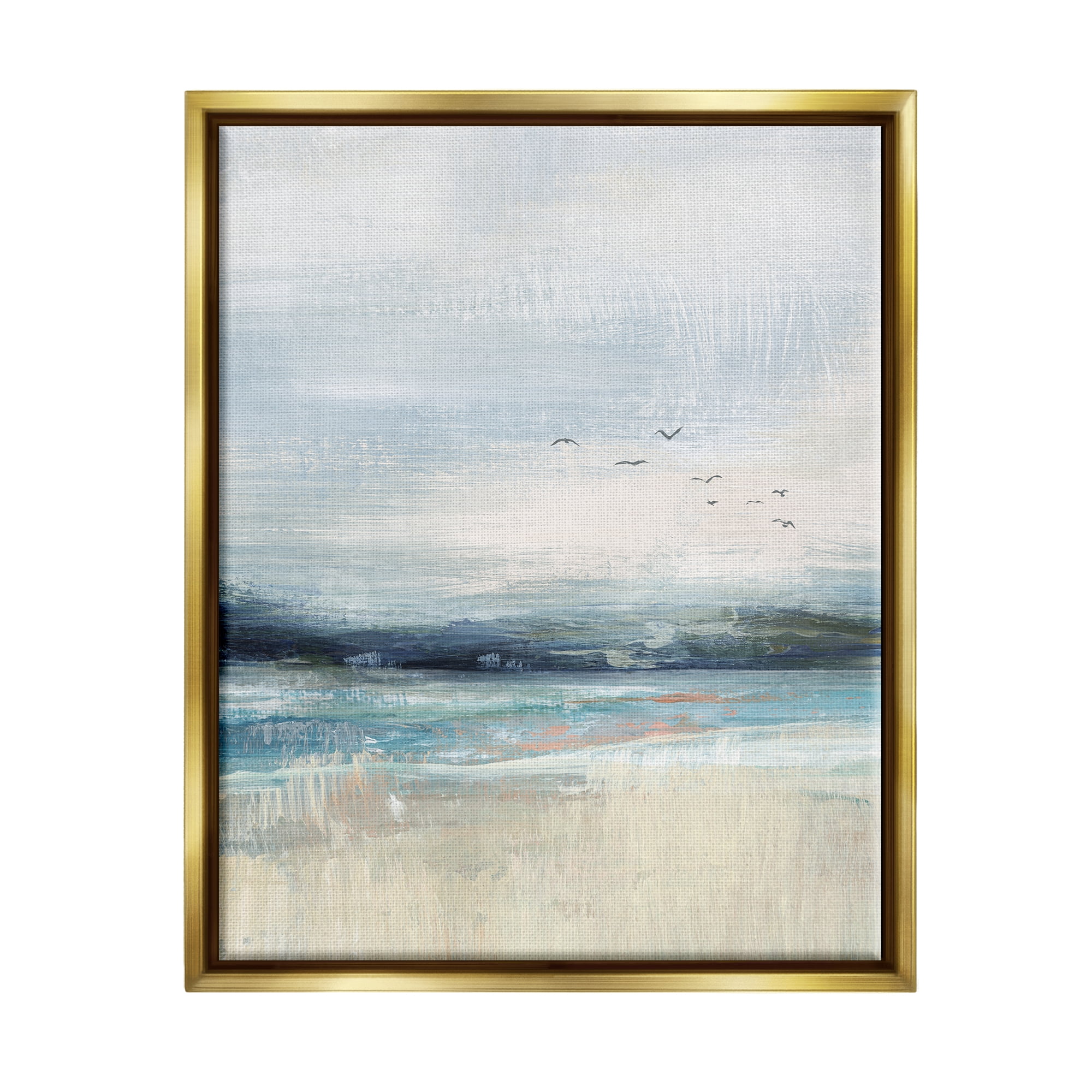 Stupell Brushed Ocean Seagulls Landscape Landscape Painting Gold Floater Framed Art Print Wall Art