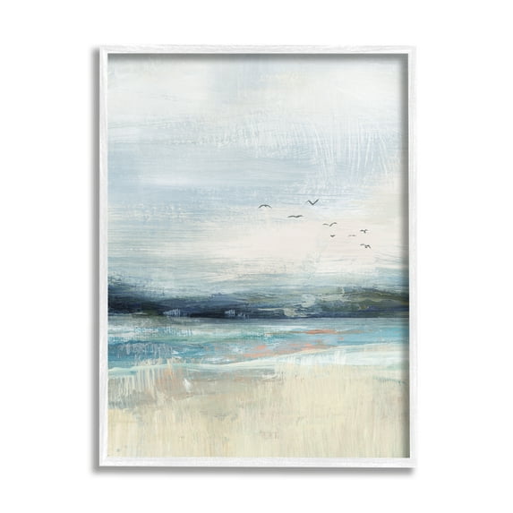 Stupell Brushed Ocean Seagulls Landscape Landscape Painting White Framed Art Print Wall Art