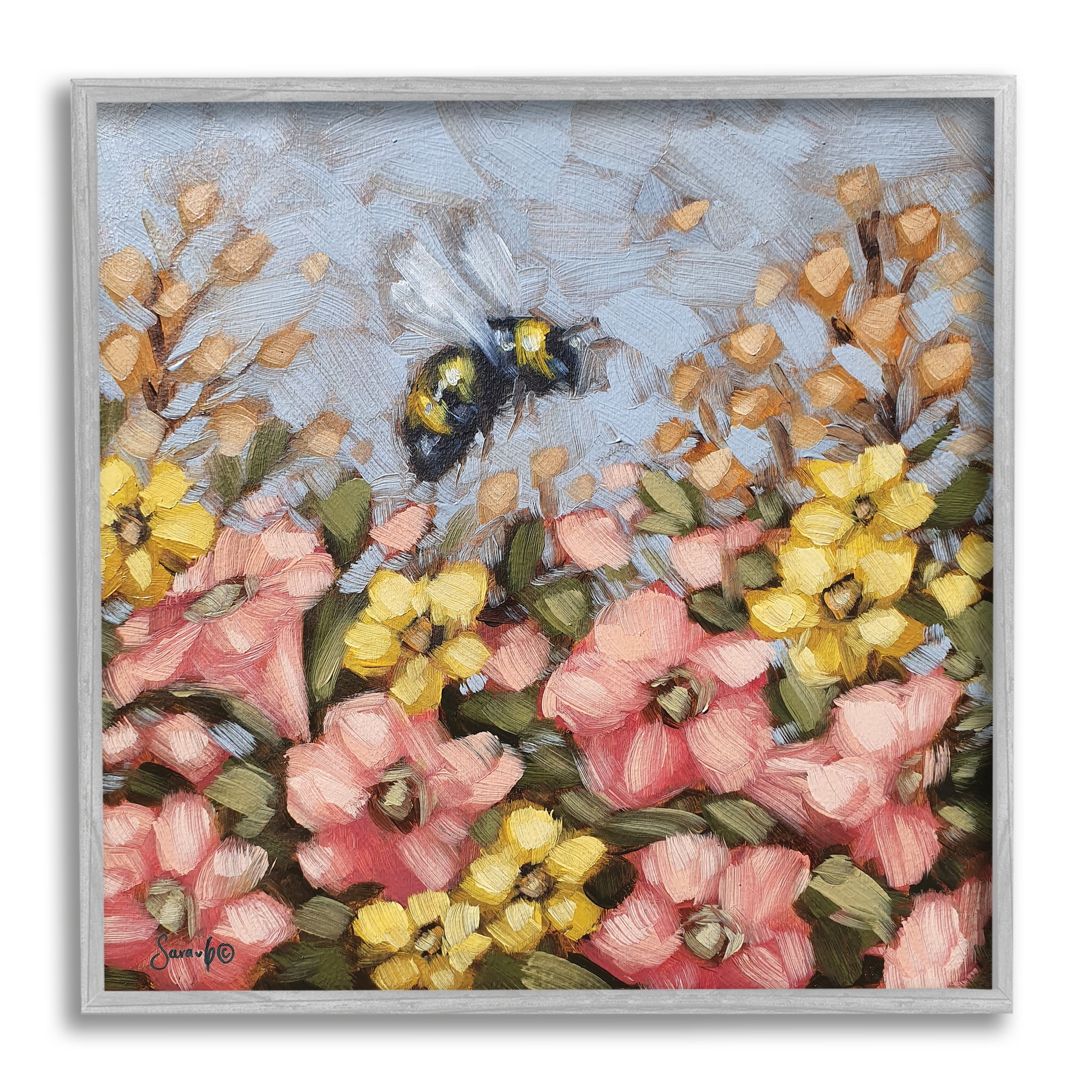 Stupell Bumblebee Summer Garden Meadow Animals & Insects Painting Gray Framed Art Print Wall Art