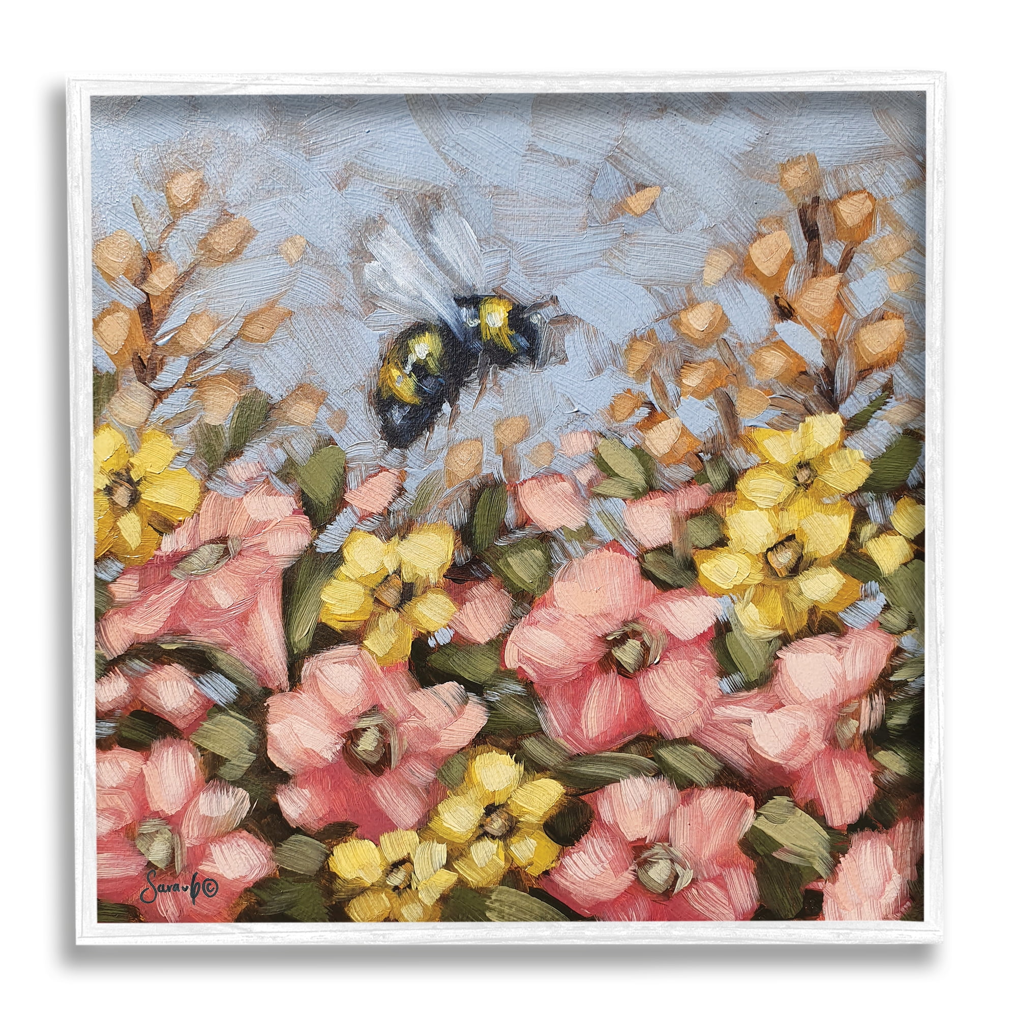White Framed Bumblebee Summer Garden Meadow Wood Wall Art