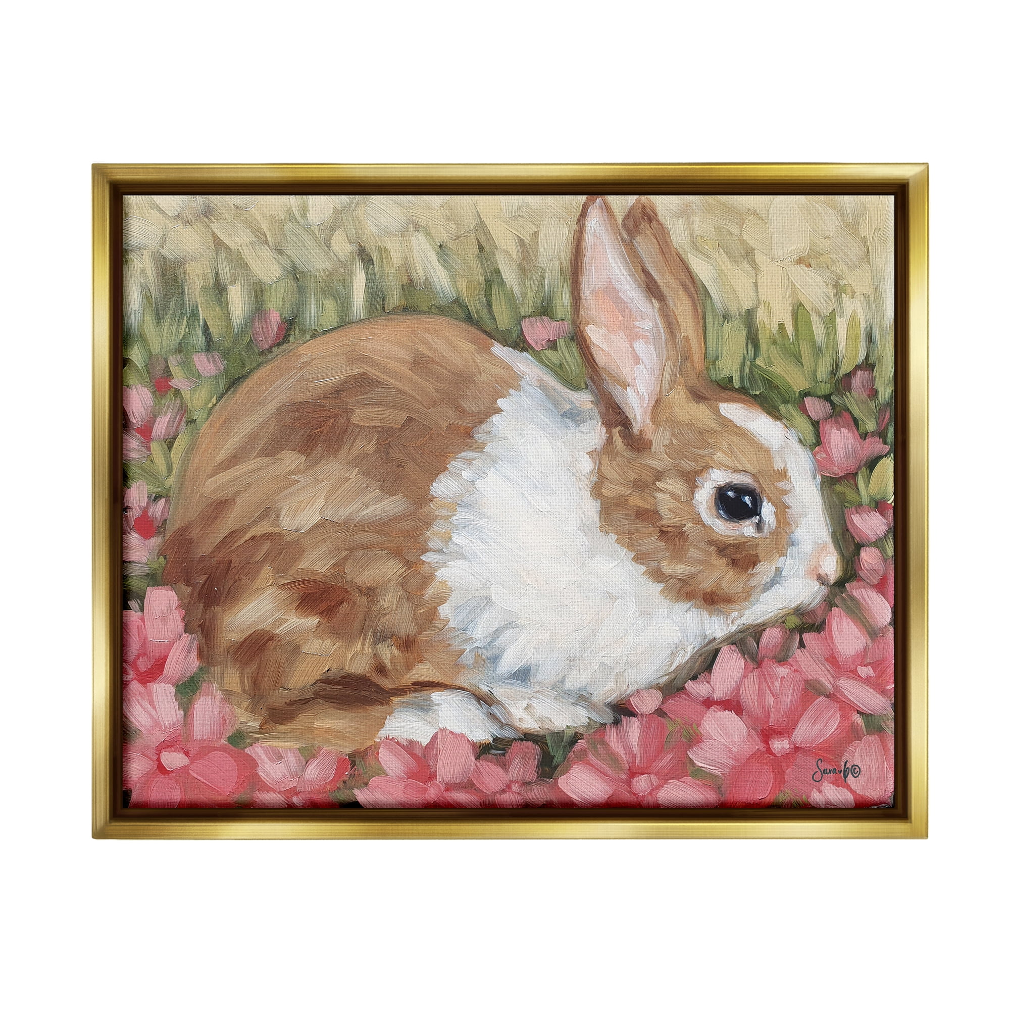 Stupell Bunny Pink Spring Blossoms Animals & Insects Painting Gold Floater Framed Art Print Wall Art