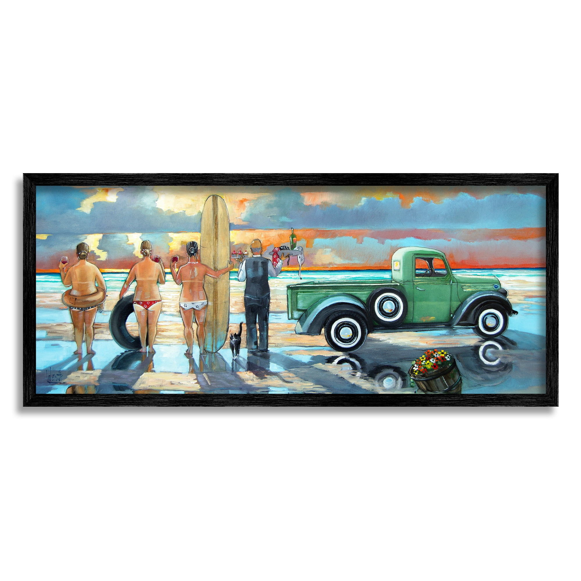 Stupell Butler Serving Beach Girls Scene Landscape Painting Black Framed Art Print Wall Art
