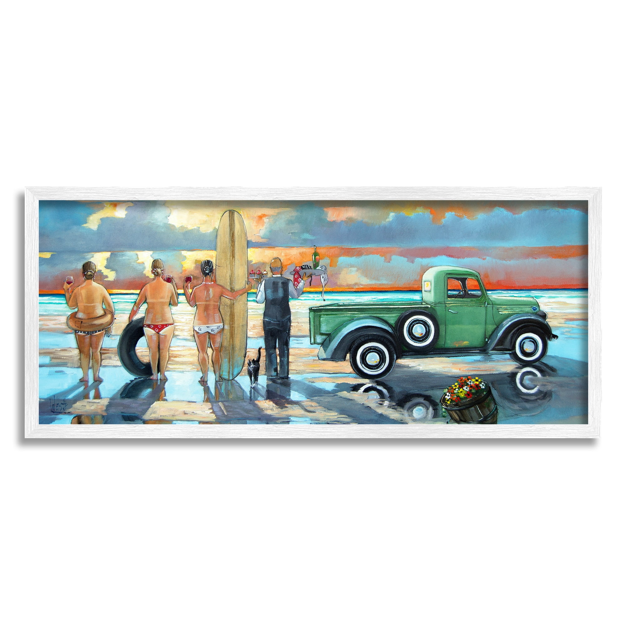 Stupell Butler Serving Beach Girls Scene Landscape Painting White Framed Art Print Wall Art
