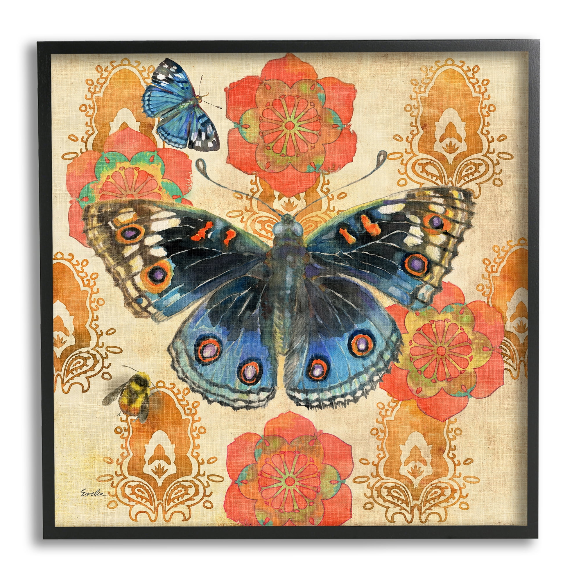 Stupell Butterfly Damask Floral Shapes Animals & Insects Painting Black Framed Art Print Wall Art