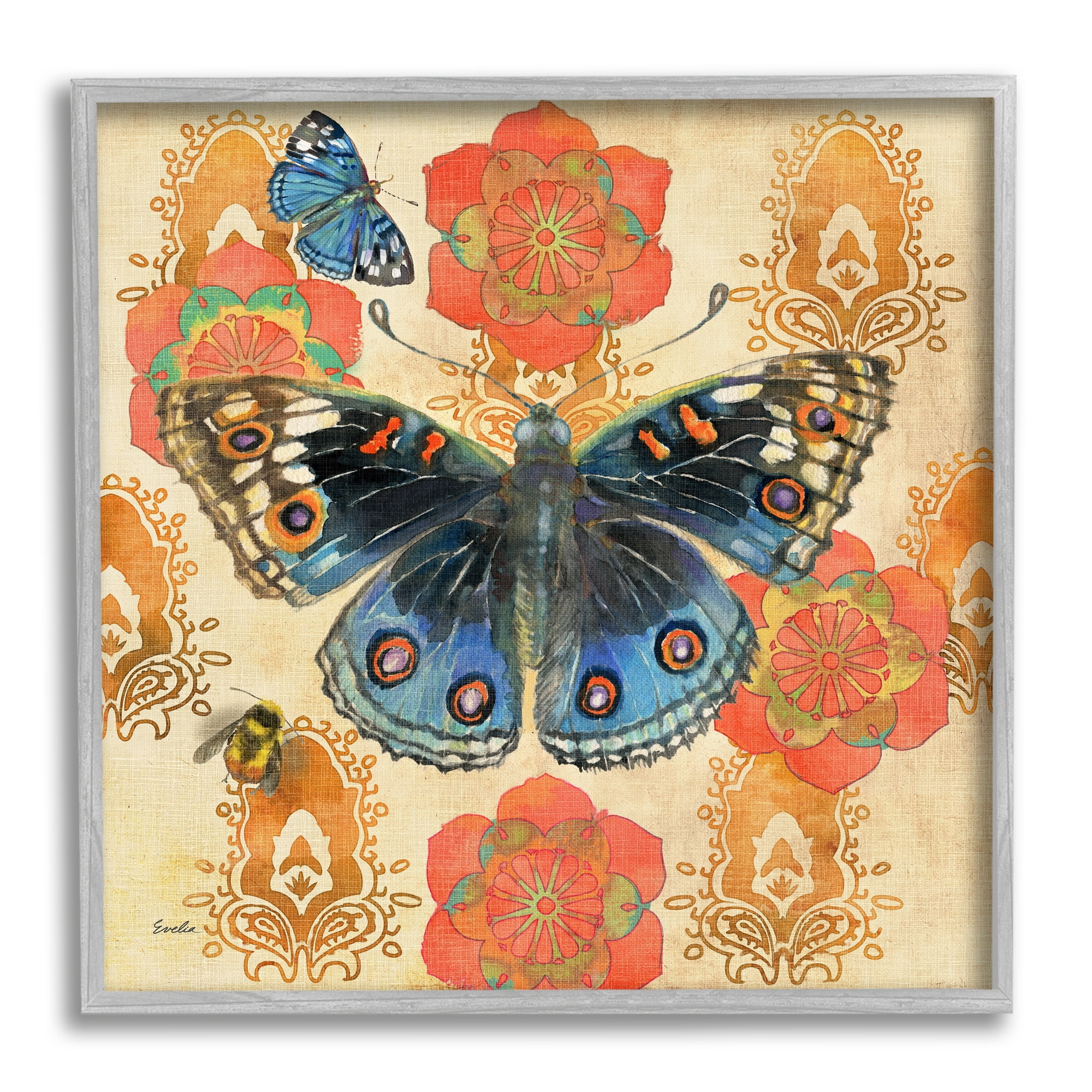 Stupell Butterfly Damask Floral Shapes Animals & Insects Painting Gray Framed Art Print Wall Art