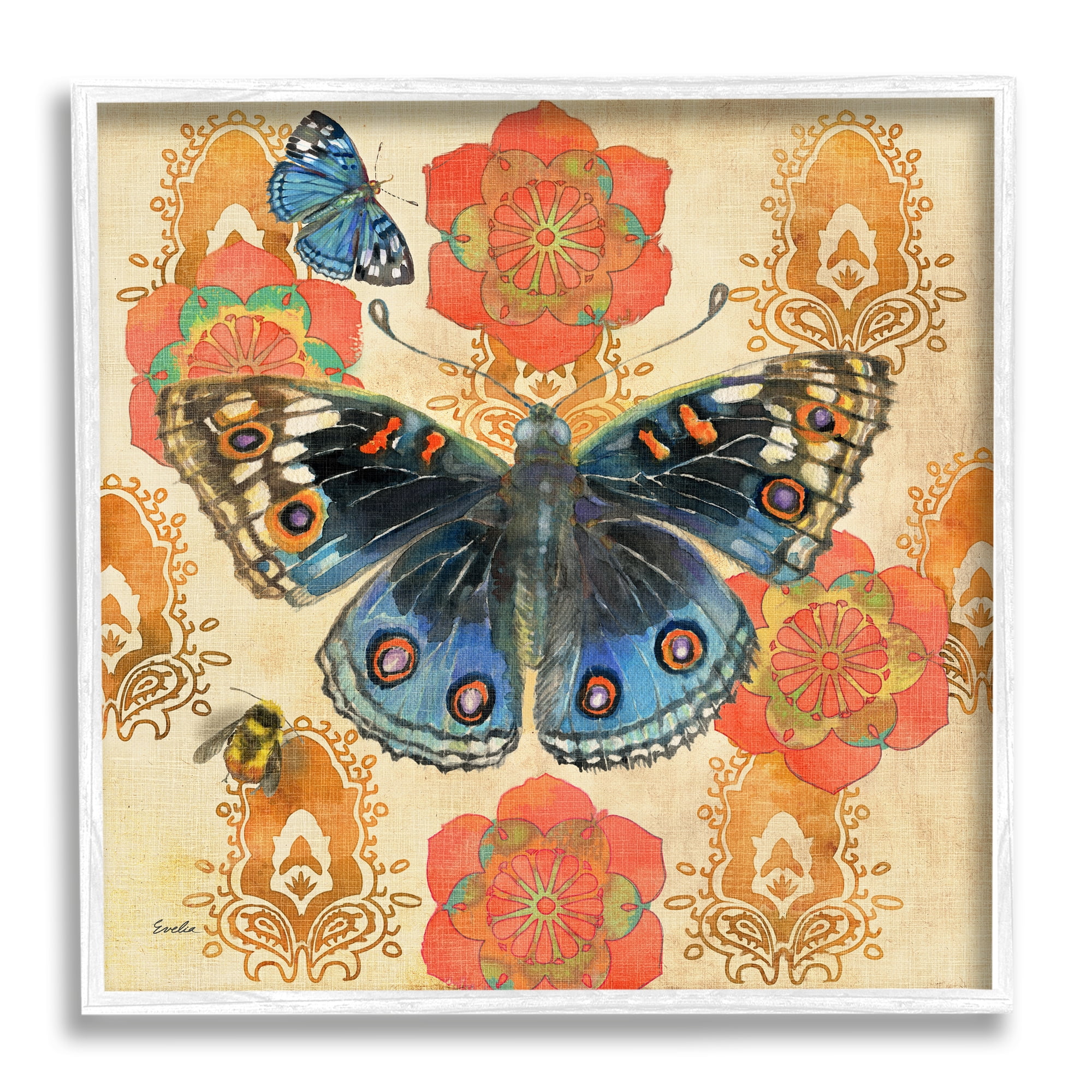 Stupell Butterfly Damask Floral Shapes Animals & Insects Painting White Framed Art Print Wall Art