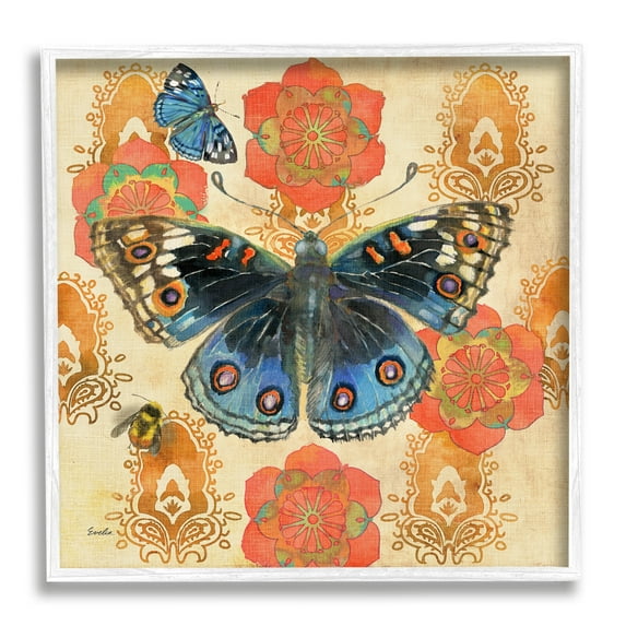 Stupell Butterfly Damask Floral Shapes Animals & Insects Painting White Framed Art Print Wall Art