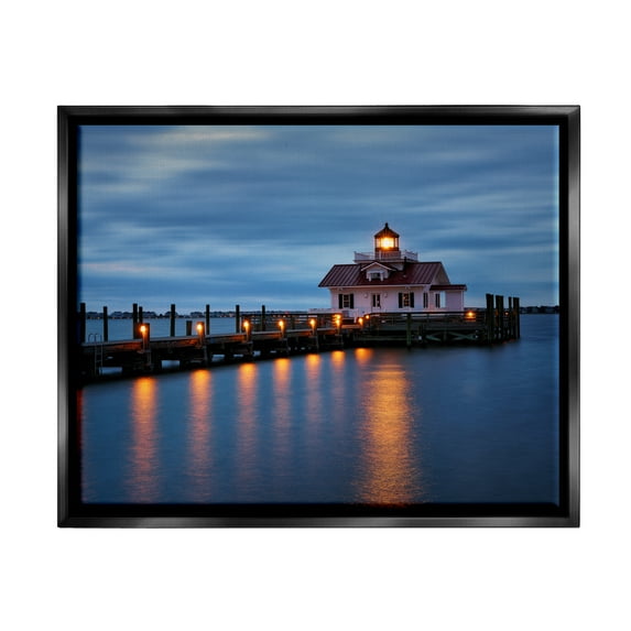 Stupell Calm Nighttime Bridge Coastal Lights Landscape Photography Black Floater Framed Art Print Wall Art