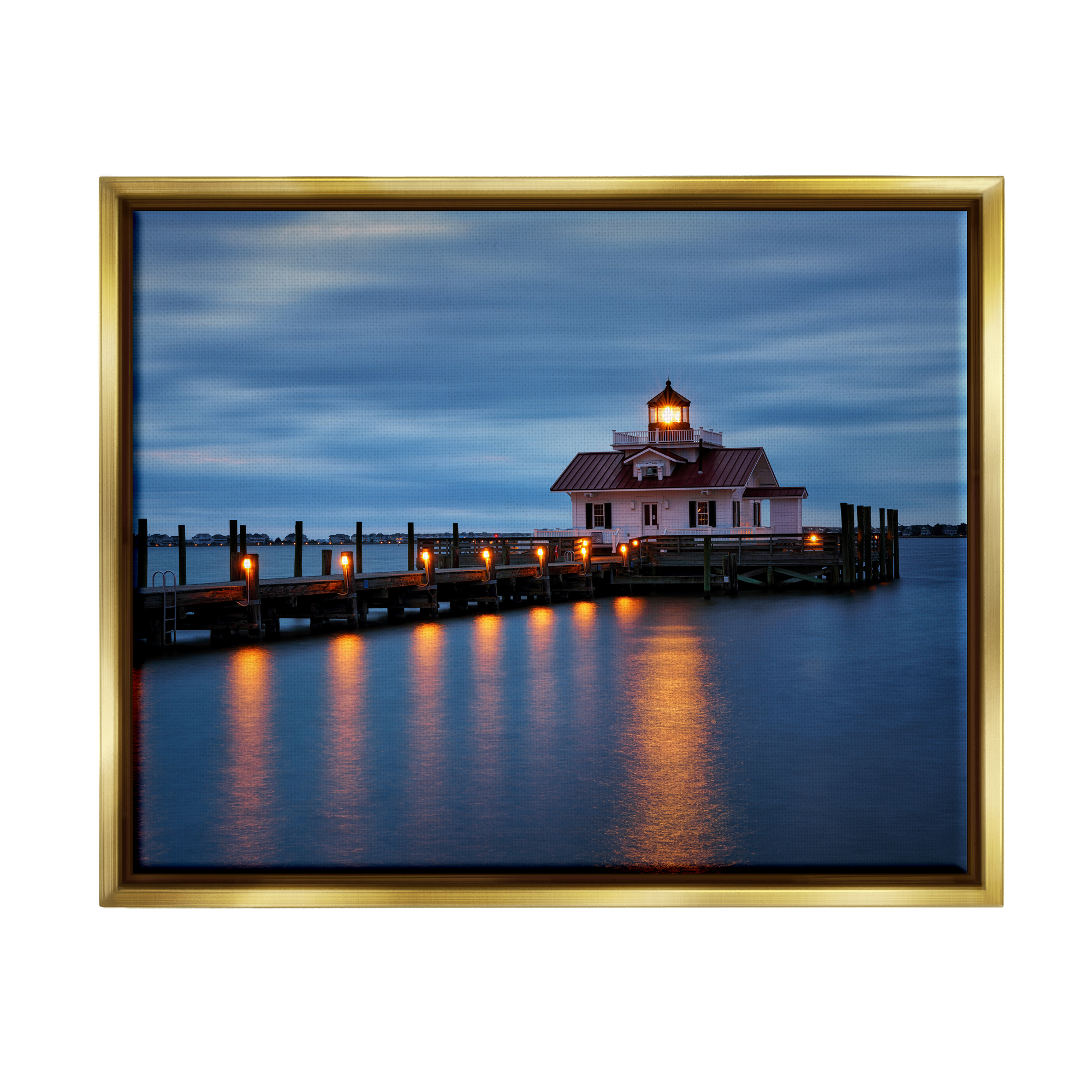 Stupell Calm Nighttime Bridge Coastal Lights Landscape Photography Gold Floater Framed Art Print Wall Art