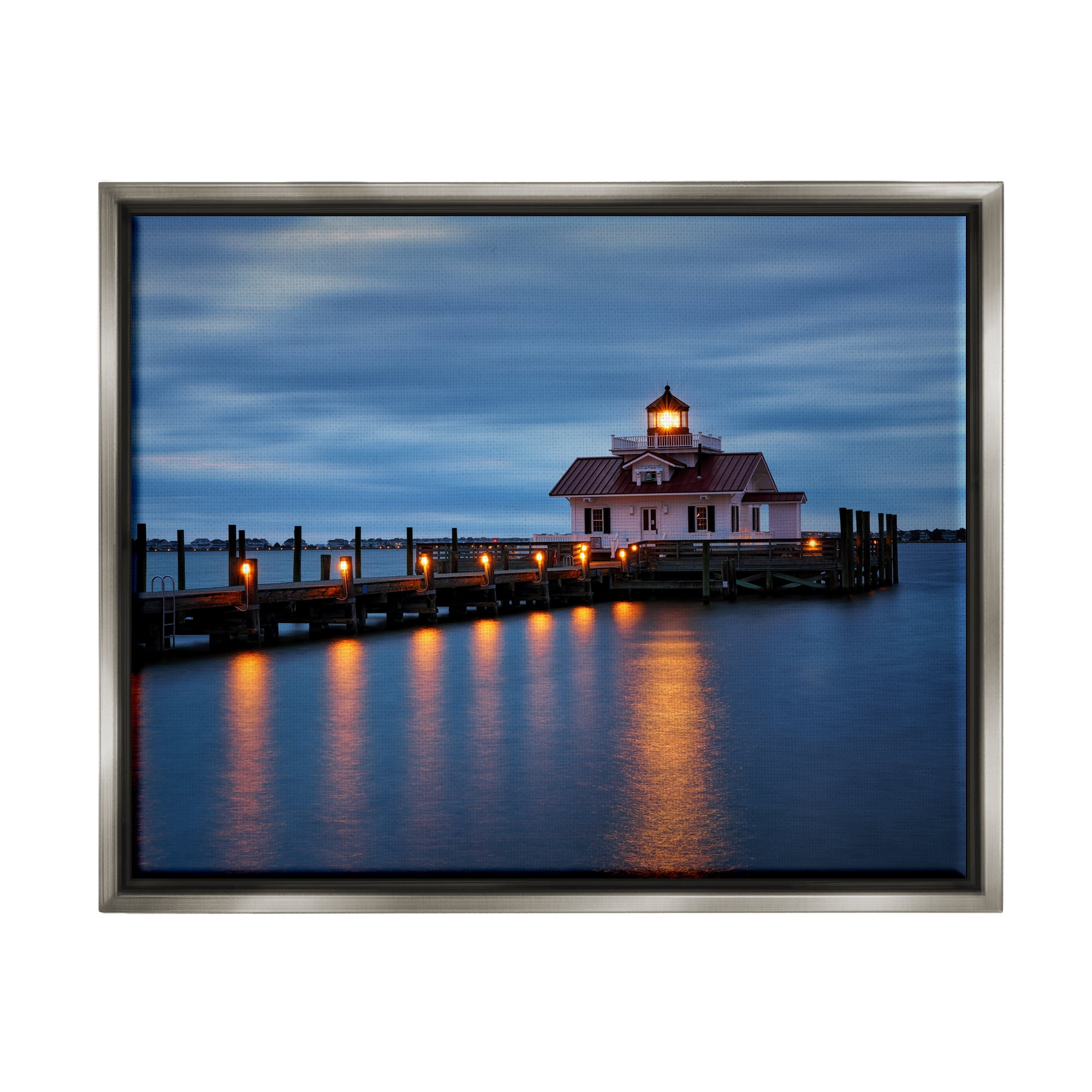 Stupell Calm Nighttime Bridge Coastal Lights Landscape Photography Gray Floater Framed Art Print Wall Art