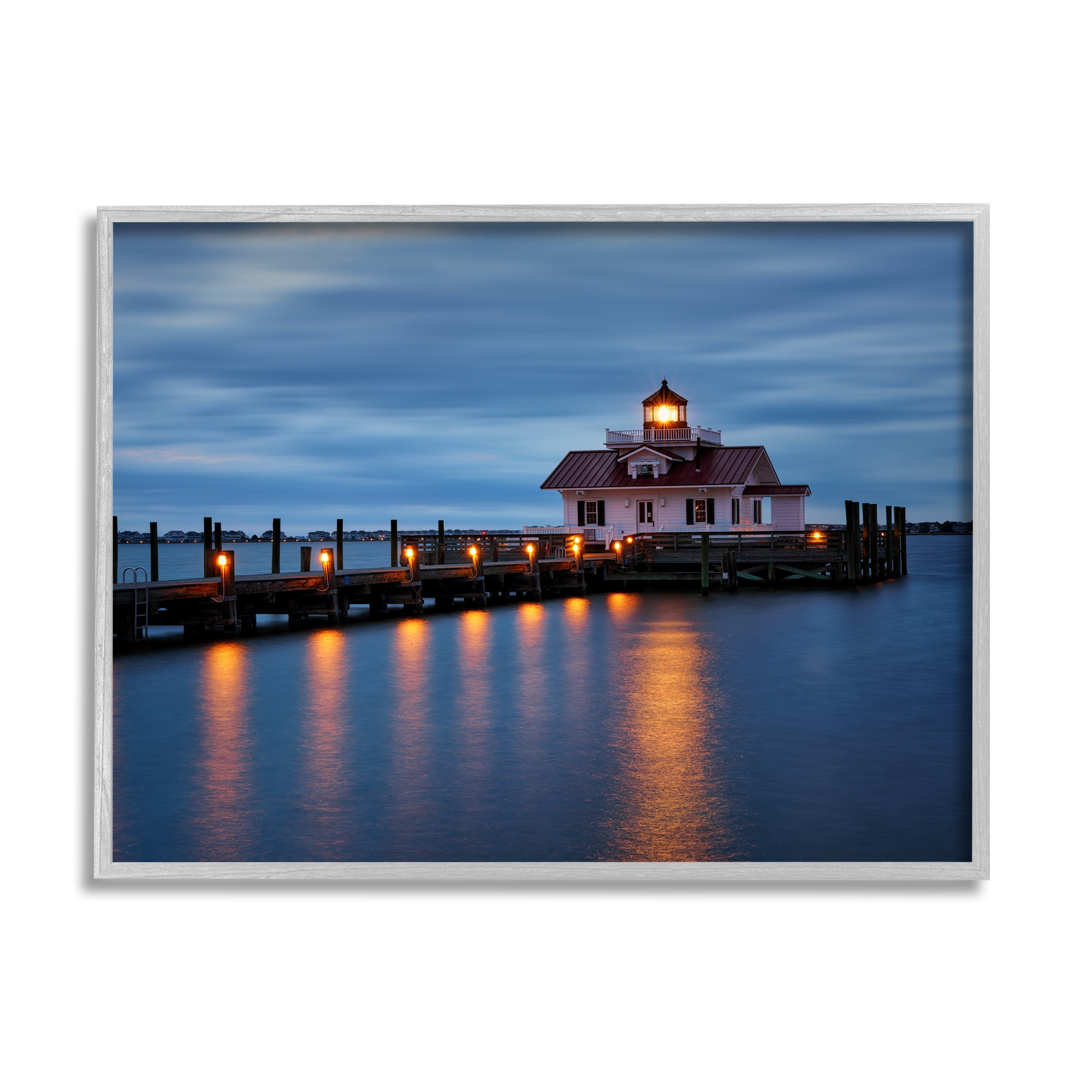 Stupell Calm Nighttime Bridge Coastal Lights Landscape Photography Gray Framed Art Print Wall Art
