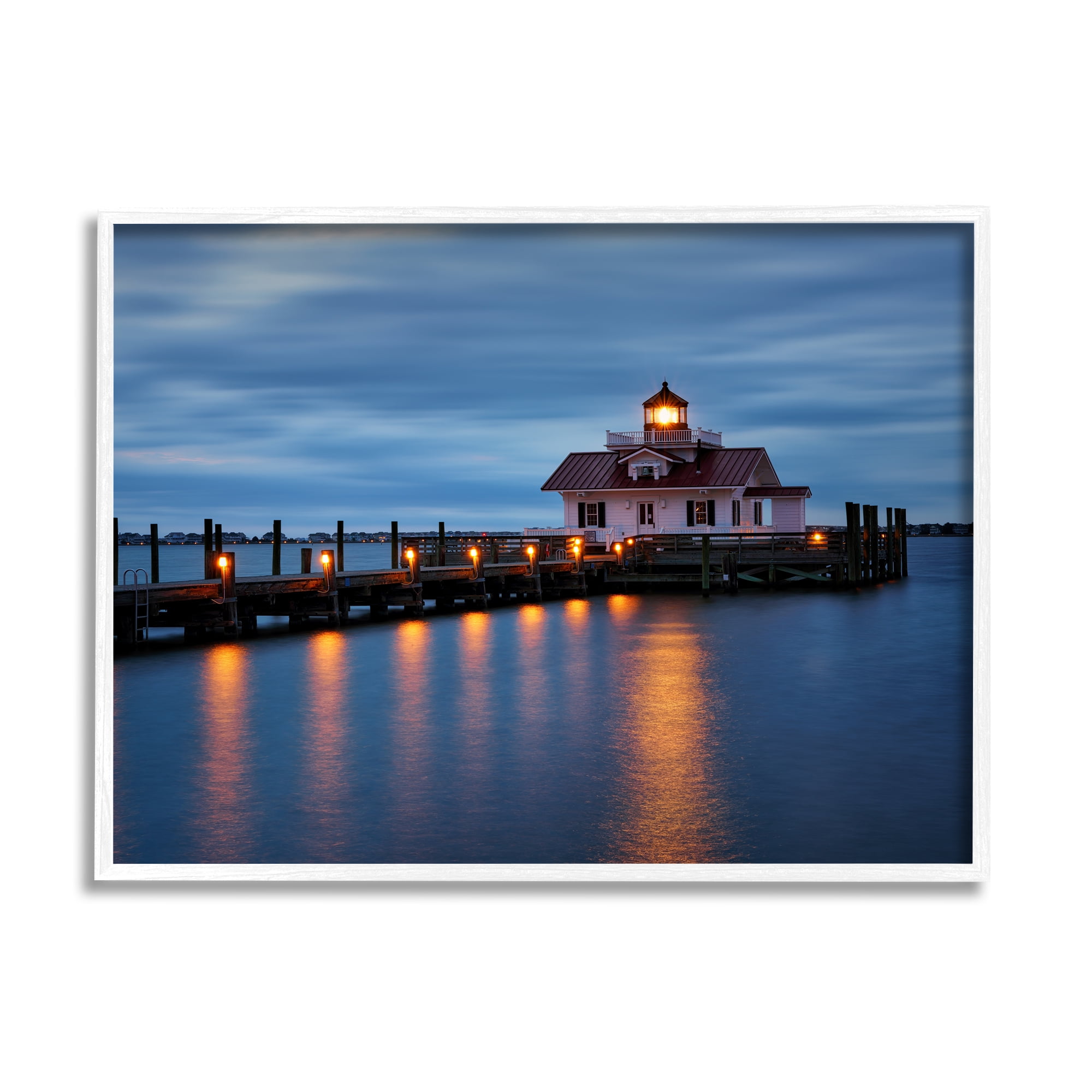 Stupell Calm Nighttime Bridge Coastal Lights Landscape Photography White Framed Art Print Wall Art