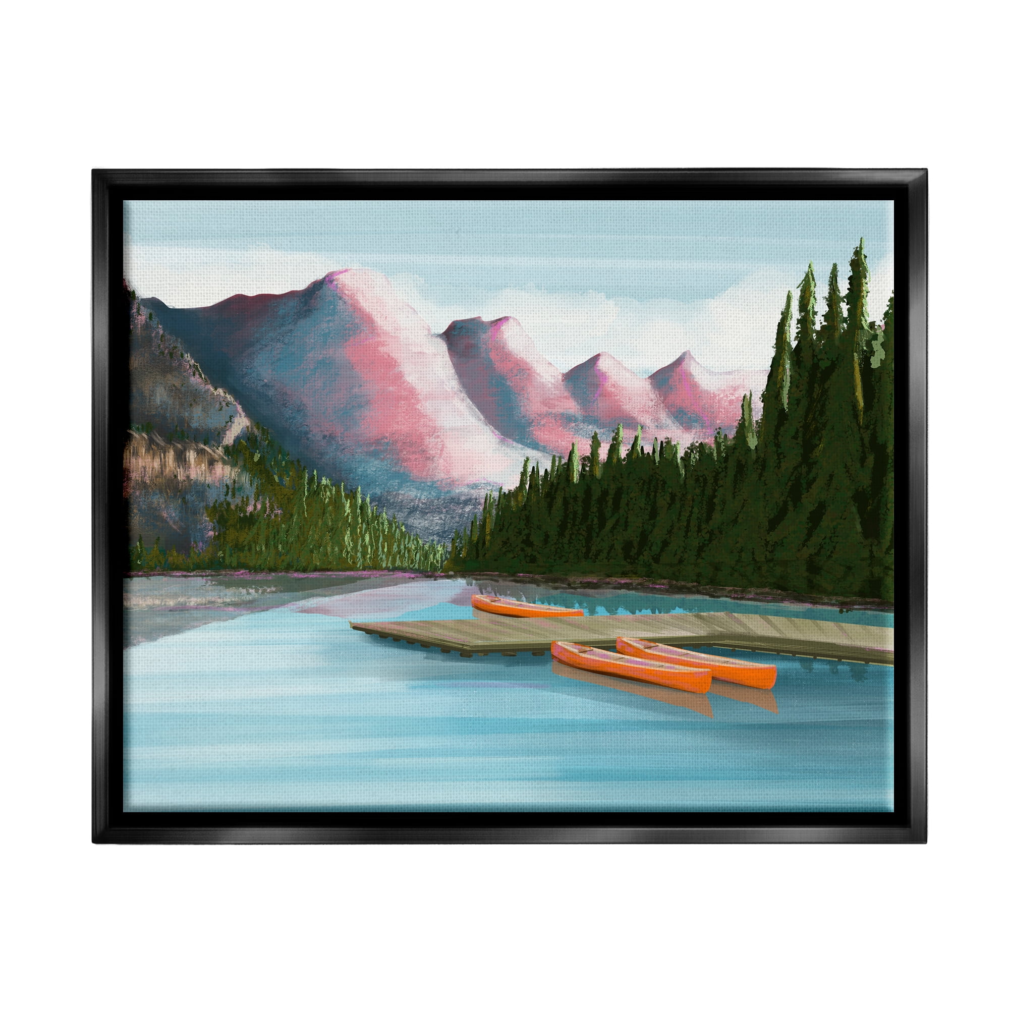 Stupell Calming Lake Camp Nature Canoes Landscape Painting Black Floater Framed Art Print Wall Art