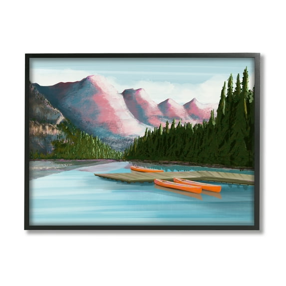 Stupell Calming Lake Camp Nature Canoes Landscape Painting Black Framed Art Print Wall Art