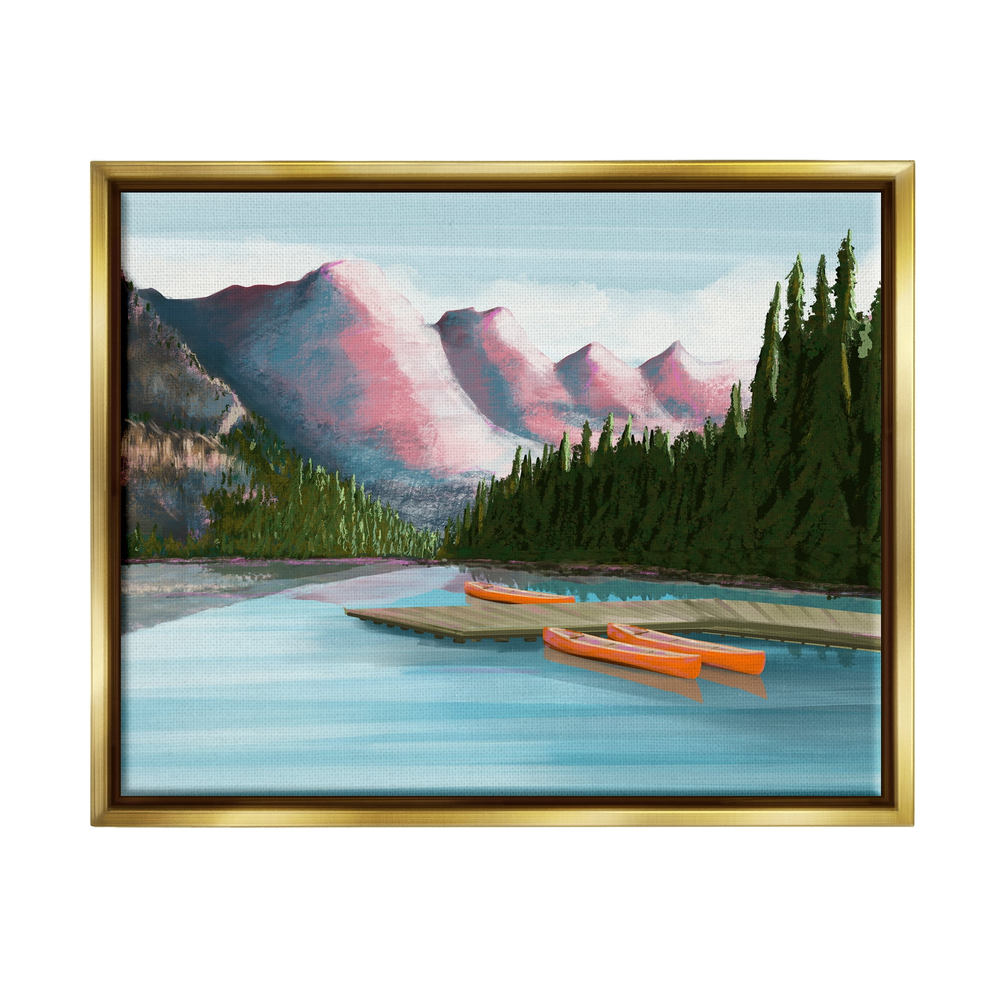 Stupell Calming Lake Camp Nature Canoes Landscape Painting Gold Floater Framed Art Print Wall Art