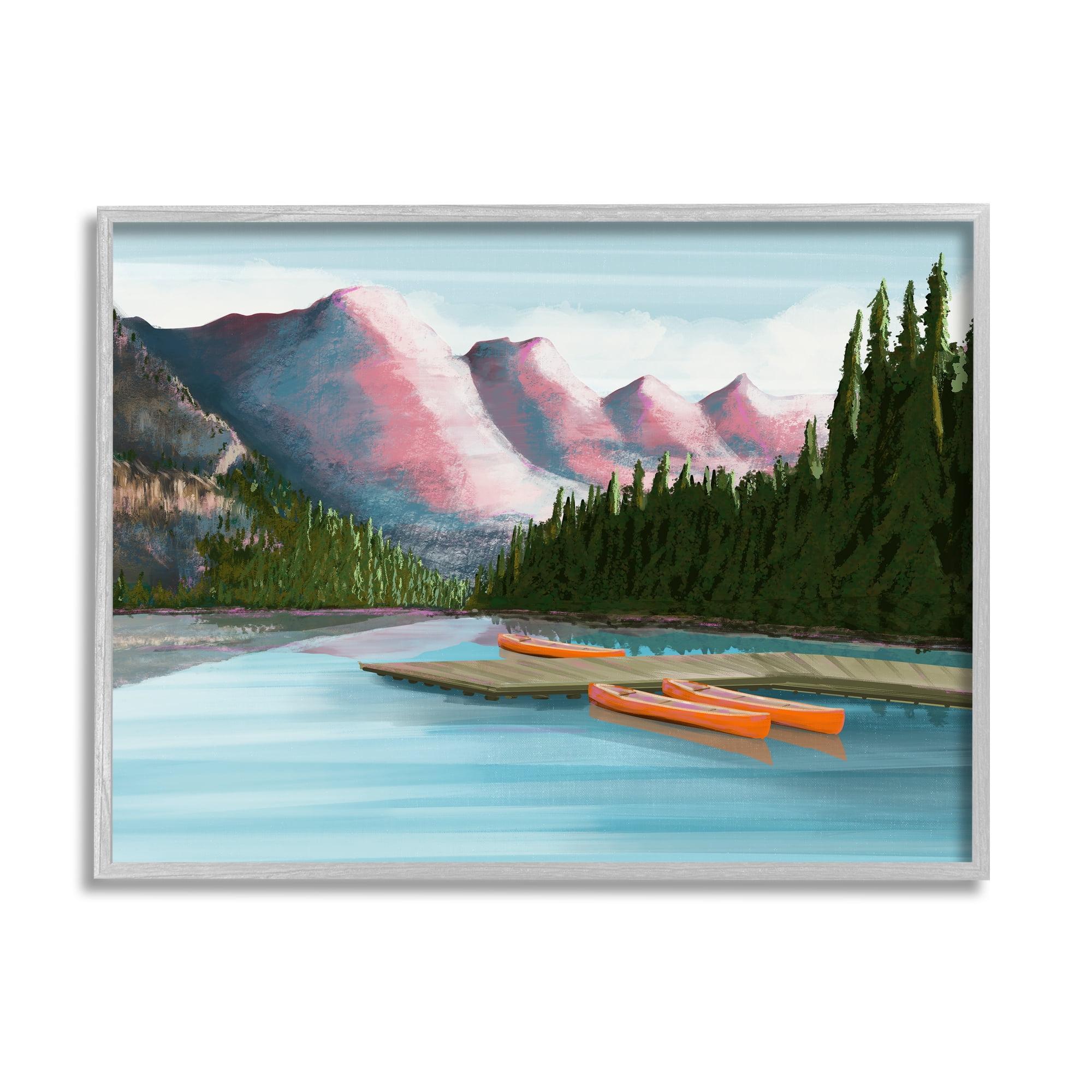 Stupell Calming Lake Camp Nature Canoes Landscape Painting Gray Framed Art Print Wall Art