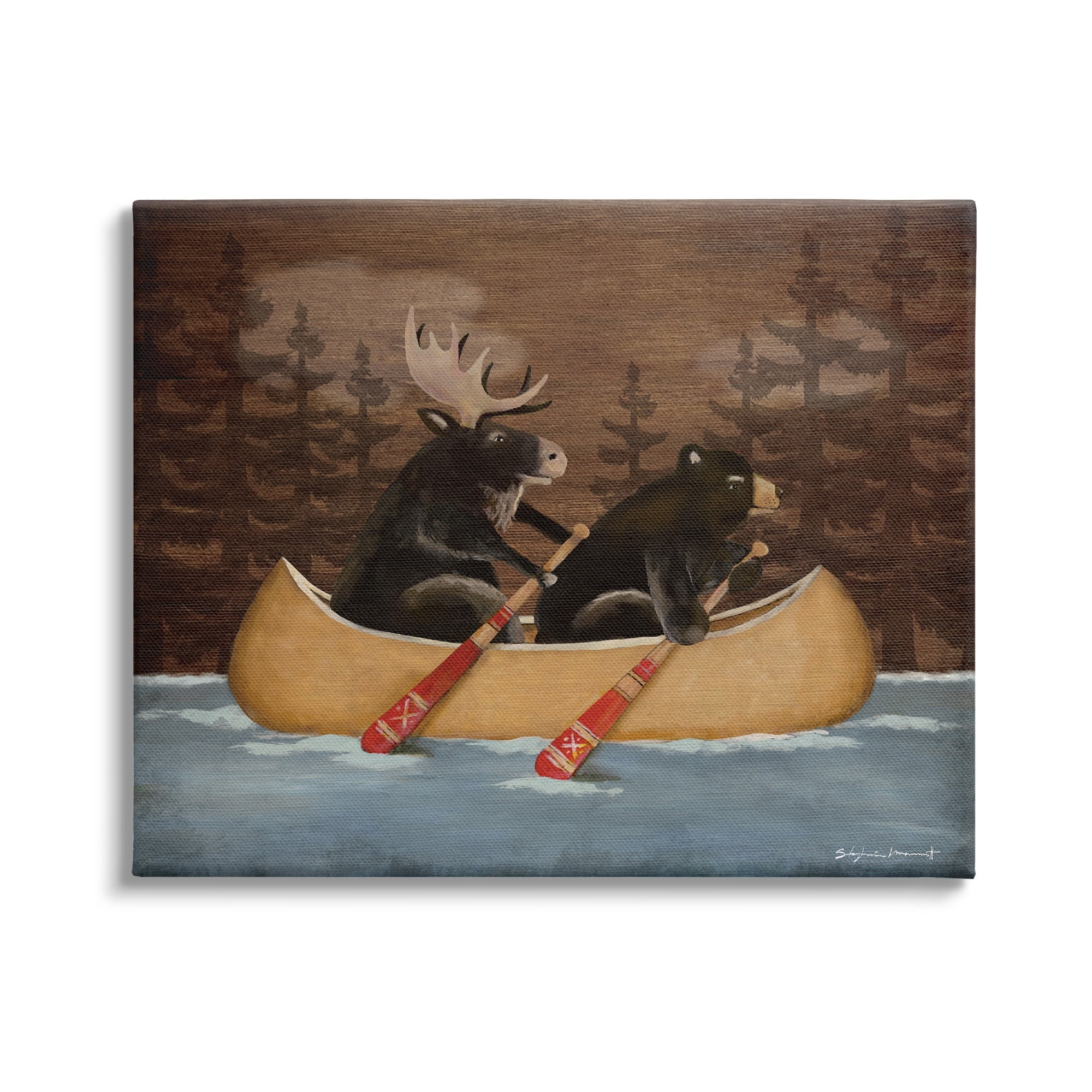 Rustic Woodland Canoeing Animals Gallery Wrapped Canvas Art