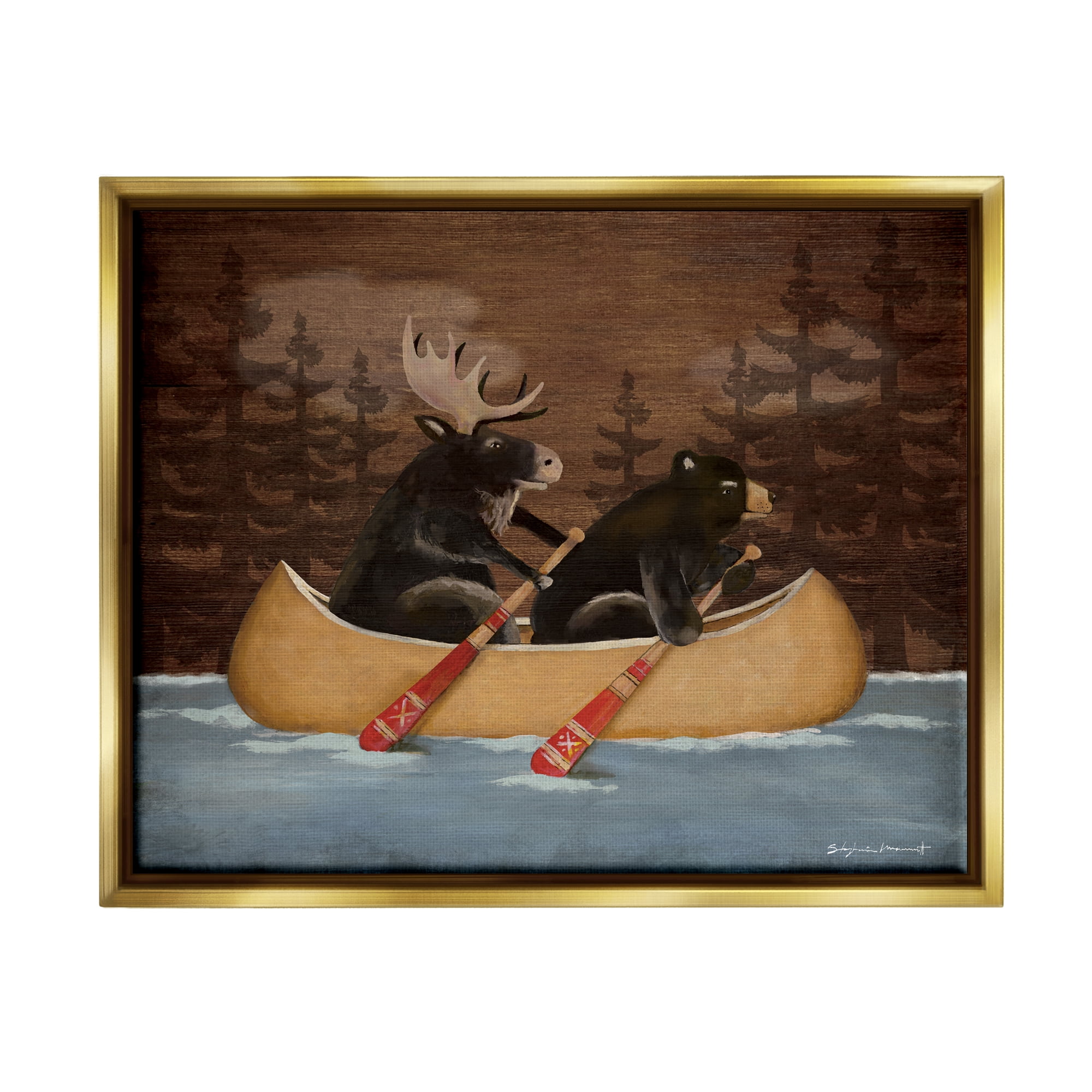 Stupell Canoeing Animals Rustic Woodland Transportation Painting Gold Floater Framed Art Print Wall Art