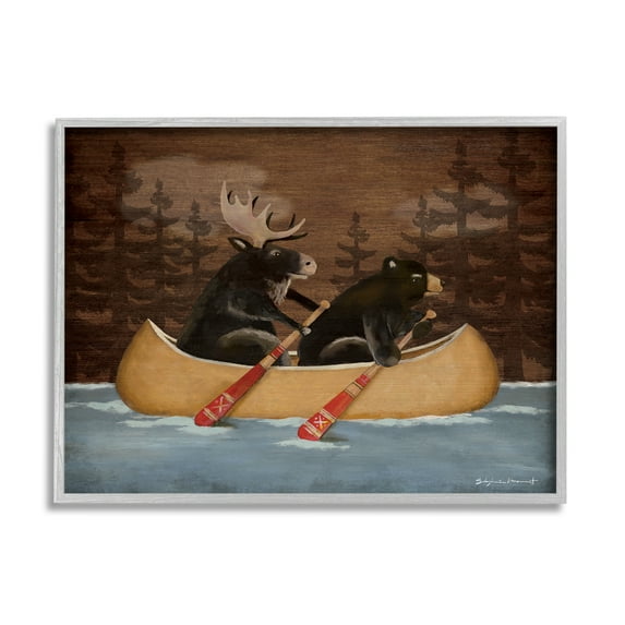 Stupell Canoeing Animals Rustic Woodland Transportation Painting Gray Framed Art Print Wall Art