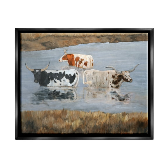 Stupell Cattle Bathing Country Riverbank Animals & Insects Painting Black Floater Framed Art Print Wall Art