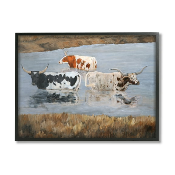 Stupell Cattle Bathing Country Riverbank Animals & Insects Painting Black Framed Art Print Wall Art