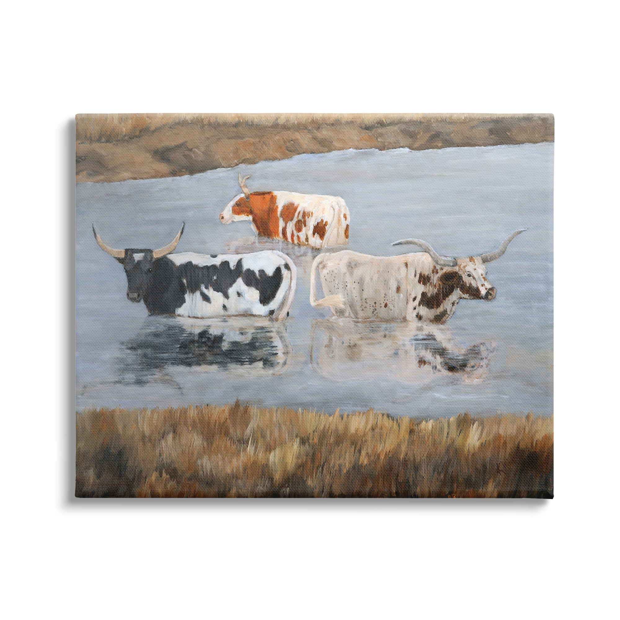 Stupell Cattle Bathing Country Riverbank Animals & Insects Painting Gallery Wrapped Canvas Print Wall Art