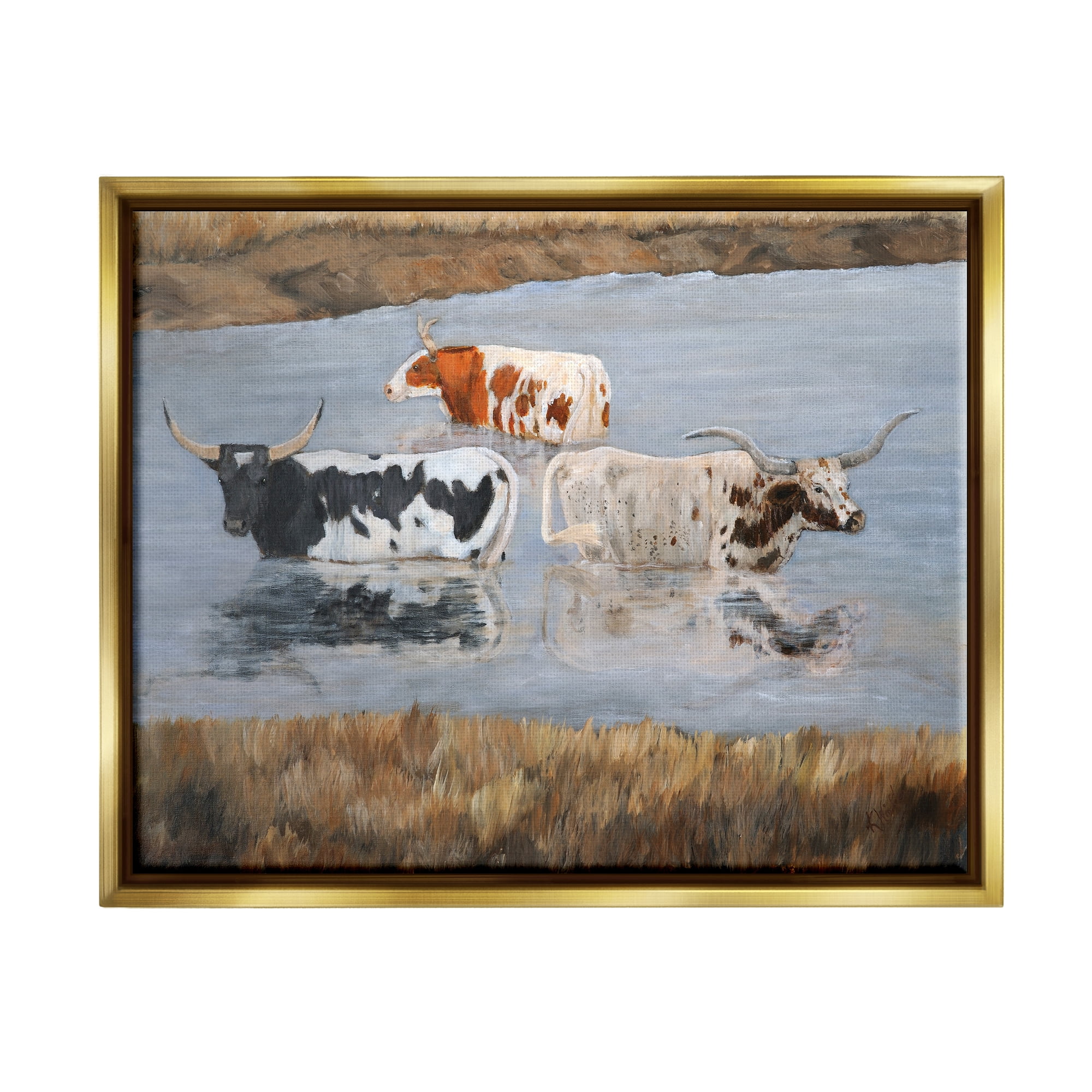 Stupell Cattle Bathing Country Riverbank Animals & Insects Painting Gold Floater Framed Art Print Wall Art