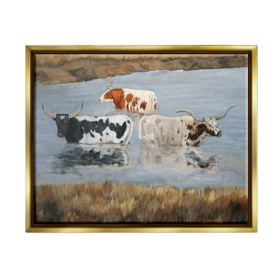Stupell Cattle Bathing Country Riverbank Animals & Insects Painting Gold Floater Framed Art Print Wall Art