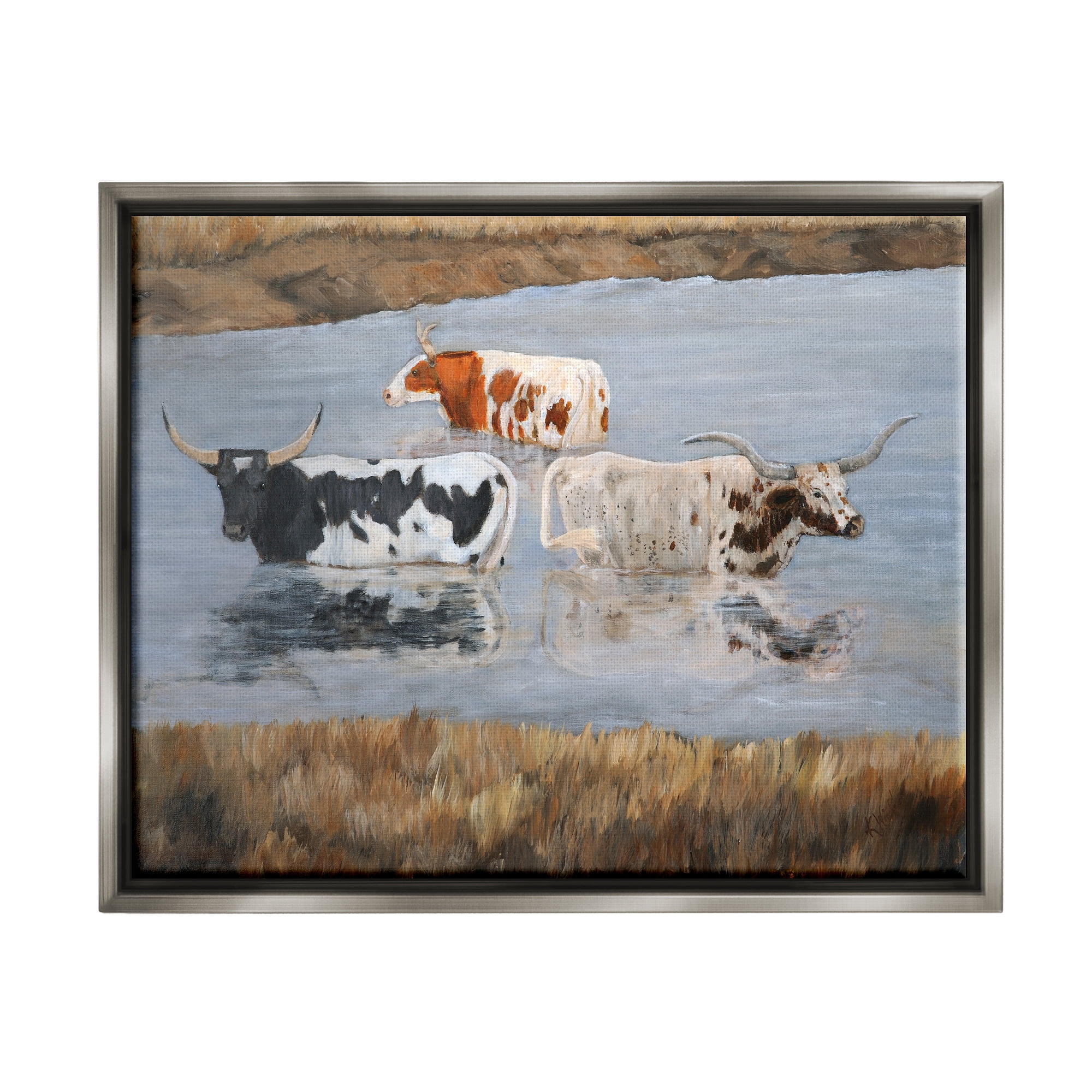 Stupell Cattle Bathing Country Riverbank Animals & Insects Painting Gray Floater Framed Art Print Wall Art