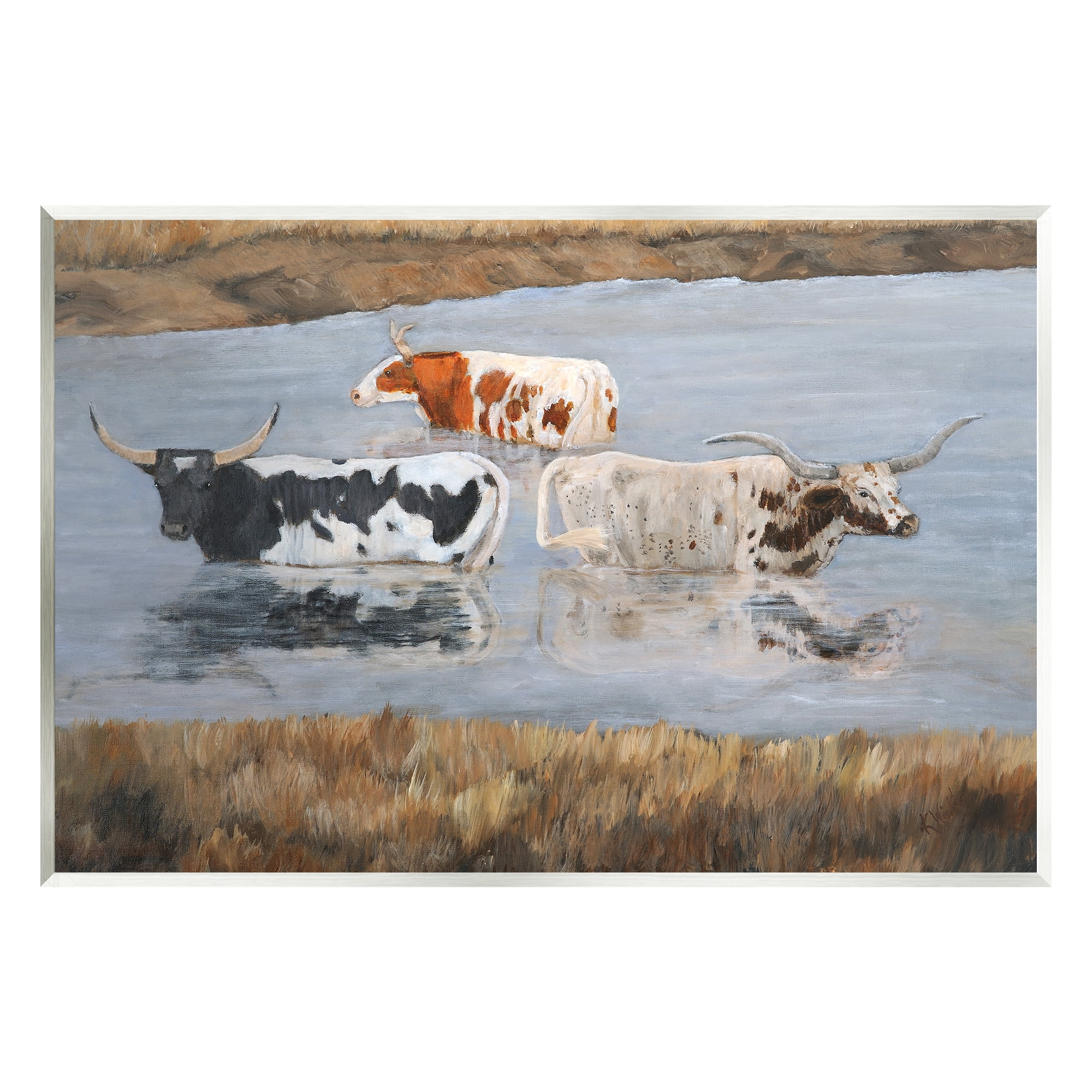 Stupell Cattle Bathing Country Riverbank Animals & Insects Painting Wall Plaque Unframed Art Print Wall Art