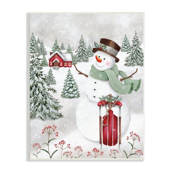 Stupell Cheerful Snowman Red Sleigh Sled Holly Botanicals Wood Wall Art 10 x 15