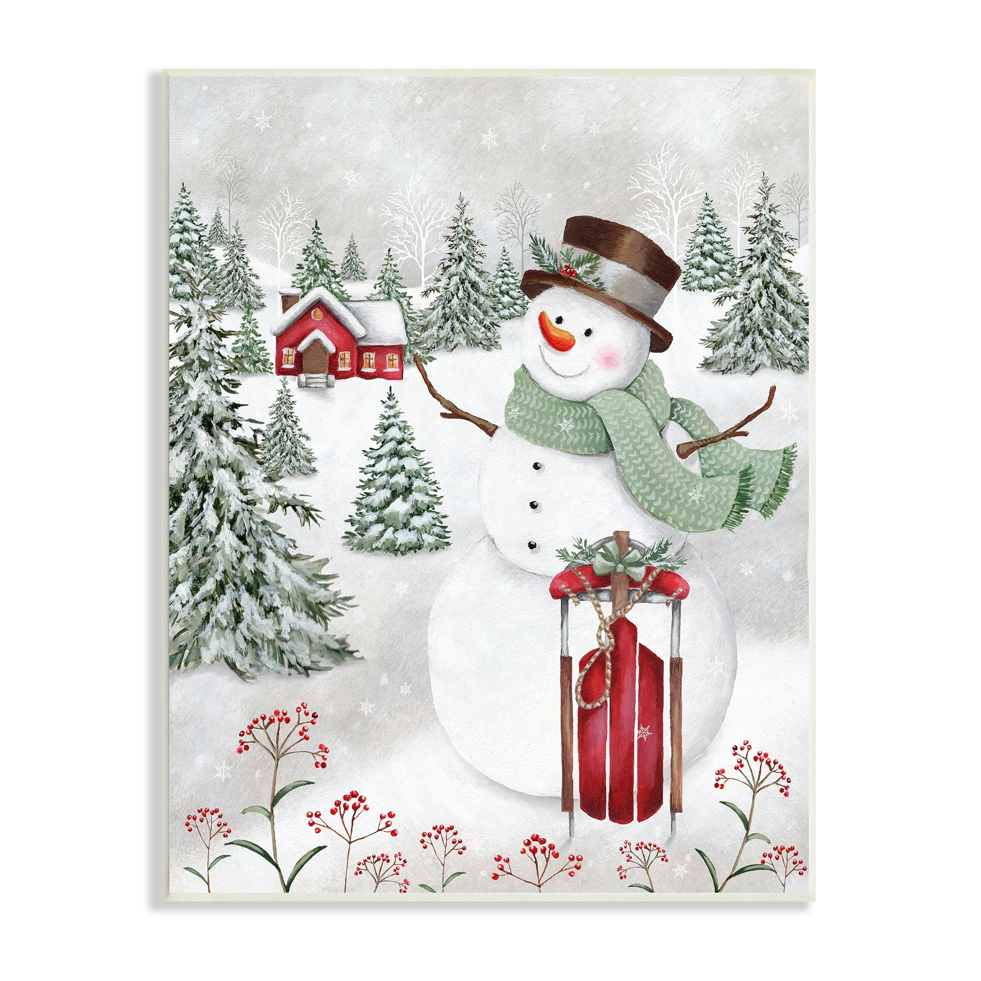 Stupell Cheerful Snowman Red Sleigh Sled Holly Botanicals Wood Wall Art 13 x 19