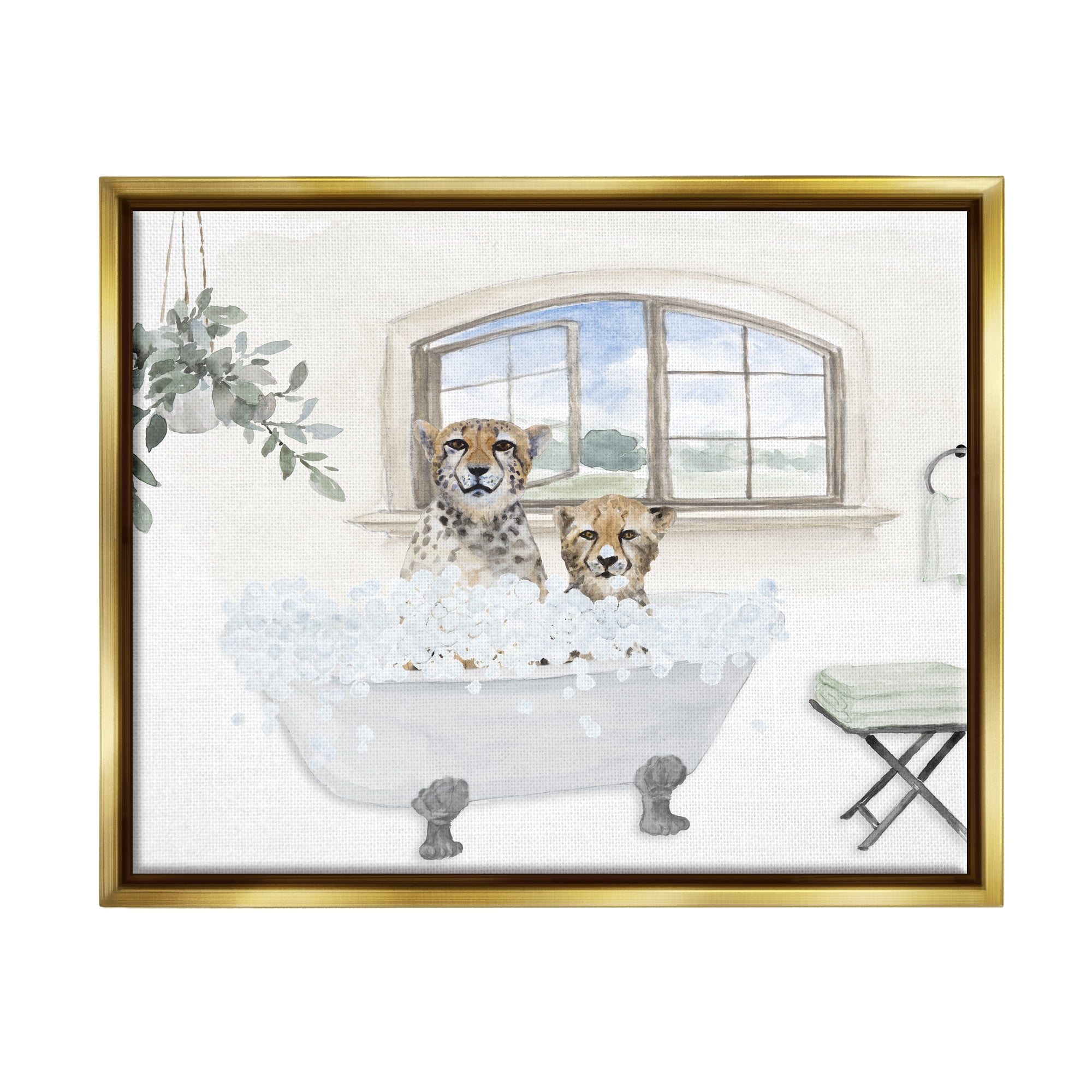 Stupell Cheetah Duo Bathtub Bathroom Scene Animals & Insects Painting Gold Floater Framed Art Print Wall Art